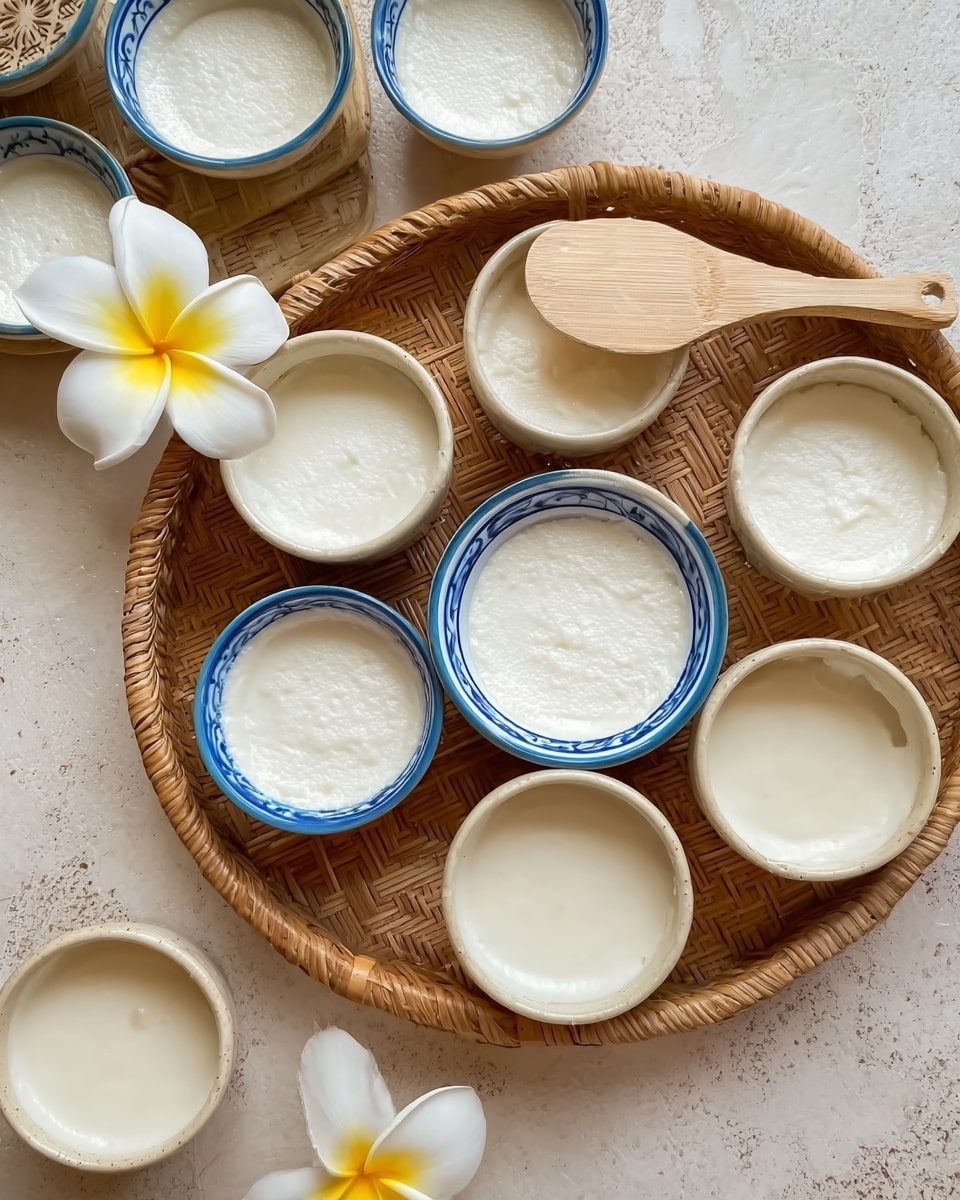 The image shows a round woven tray with several small white ceramic bowls with thin blue rims, filled with a smooth, white, slightly textured pudding-like dessert. Eight bowls are filled with the dessert, while four bowls are turned upside down showing their beige bottoms. One bowl in the center has half its dessert eaten, revealing the bowl's inner blue circle. Two white and yellow frangipani flowers rest on the tray, along with a light wooden spatula placed over two upside-down bowls. The setting is on a white marbled textured surface. photo taken with an iphone --ar 4:5 --v 7