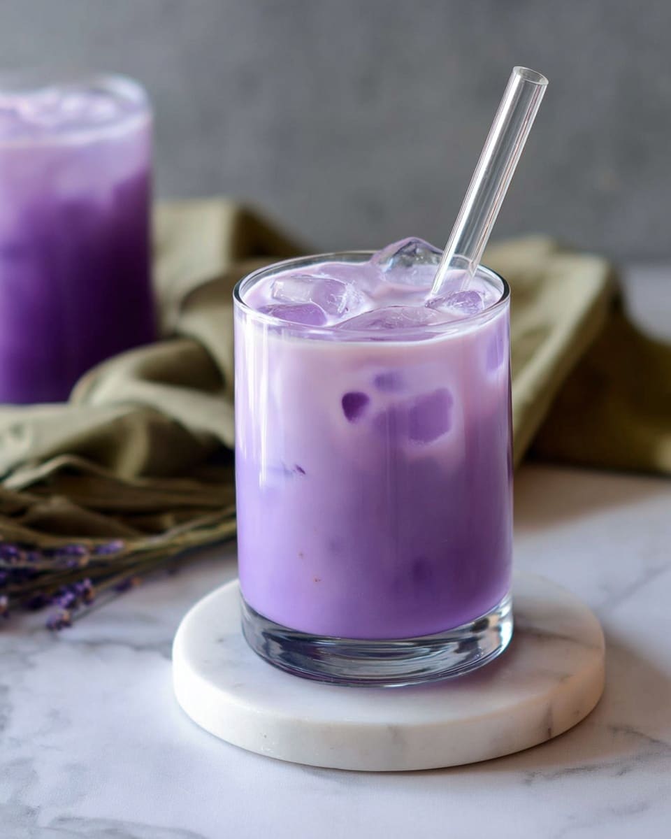 A clear glass filled with a smooth, light purple drink with visible ice cubes floating on top and a transparent glass straw inserted into the liquid. The glass sits on a white marble coaster, placed on a white marbled surface, with a soft olive green cloth draped in the blurred background. Another similar glass with the same purple drink is slightly out of focus behind it. photo taken with an iphone --ar 4:5 --v 7