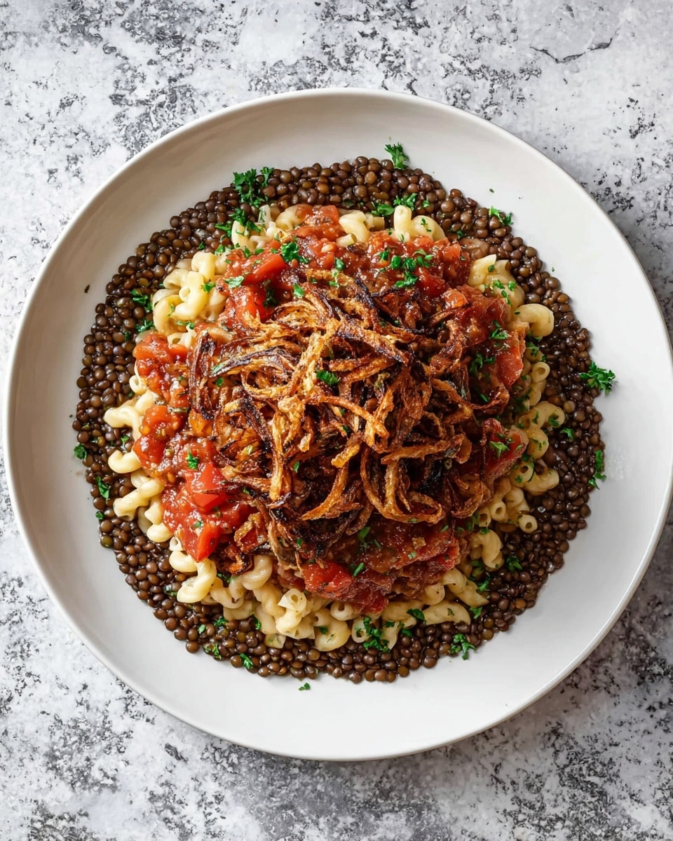 A white plate holds a layered dish starting with a base layer of small dark brown lentils spread in a circle near the edge. Inside this layer, there is a thick ring of beige elbow macaroni pasta. At the center, there is a chunky tomato sauce with visible tomato pieces, topped with a large pile of thin, crispy fried onions that are golden brown and slightly darkened in spots. The entire dish is sprinkled with small green parsley leaves for color. The plate is placed on a white marbled texture. photo taken with an iphone --ar 4:5 --v 7