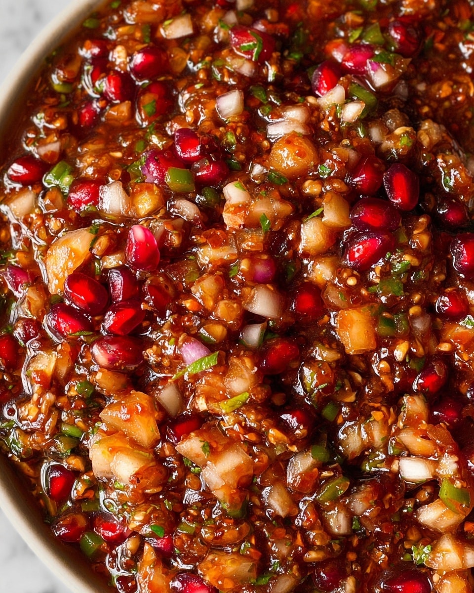 The dish is a close-up of a salsa with many small, chopped ingredients mixed together in a thick, glossy sauce. It has bright red pomegranate seeds scattered throughout, giving pops of vibrant color. The salsa contains finely diced white onions, green peppers, and small bits of orange and brown vegetables or spices. The sauce is reddish-brown and shiny, coating all the pieces with a slightly oily texture. There are tiny green herb bits visible, adding freshness, and the mixture has a rich, chunky look with varied colors and textures. The surface beneath is a white marbled texture. photo taken with an iphone --ar 4:5 --v 7