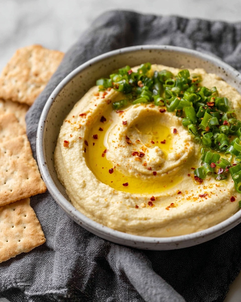 The dish is a bowl of creamy hummus with a smooth beige base layer, swirled in the center to form a shallow well filled with golden olive oil. Around one side of the hummus, there is a layer of fresh chopped green onions adding a bright green color and texture. There are small red spice flakes sprinkled lightly over the hummus, giving a touch of contrast. The hummus is served in a white bowl with a slight speckled pattern. The bowl is set on a textured grey cloth with beige crackers placed around it, all on a white marbled surface. photo taken with an iphone --ar 4:5 --v 7