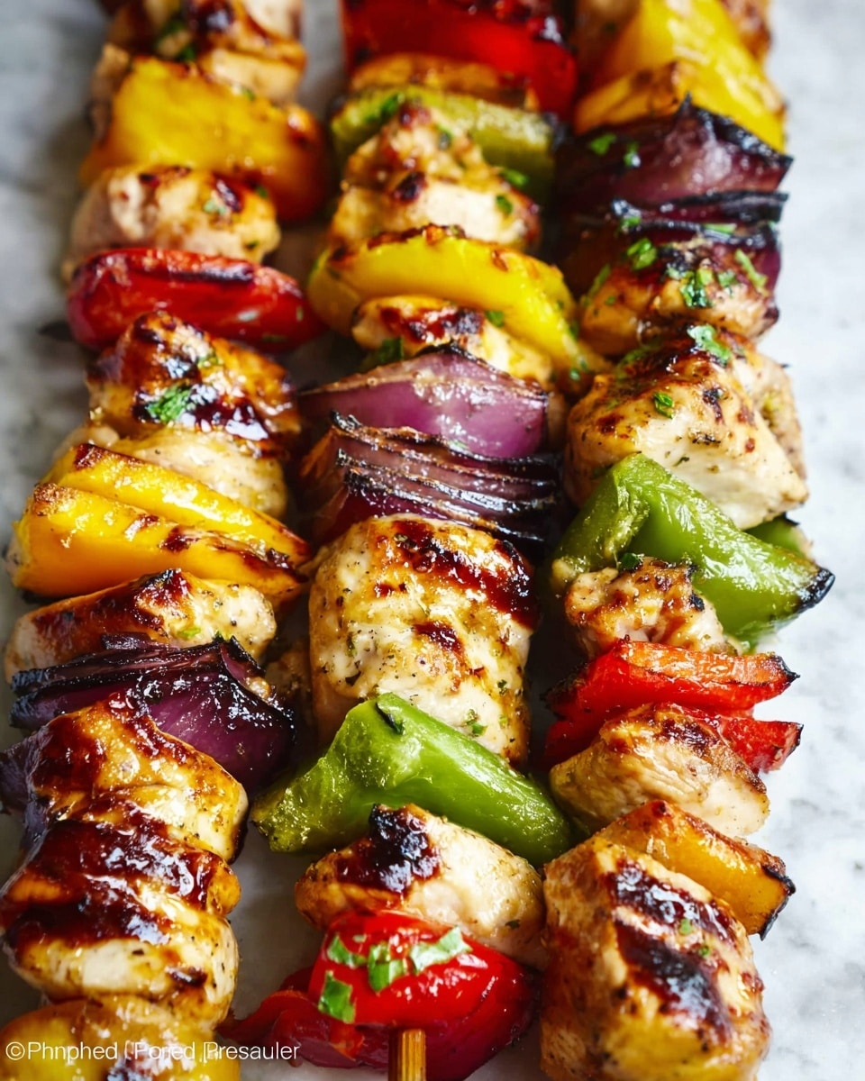 The image shows several skewers of grilled food arranged close together. Each skewer has three layers: the bottom layer with grilled red and yellow bell peppers showing char marks and a shiny texture, the middle layer with white to light brown grilled chicken pieces that have a slightly charred and juicy appearance, and at the top, green bell peppers and purple onion pieces with grill marks and a slightly crisp look. This food is set on a surface with a white marbled texture. The scene is bright and colorful with a fresh and cooked look. photo taken with an iphone --ar 4:5 --v 7