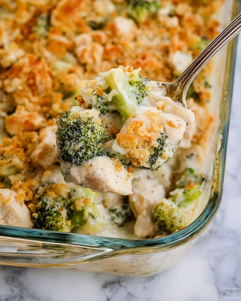A close-up of a spoon holding a warm, creamy broccoli and chicken casserole from a clear glass baking dish. The dish shows a mix of small, green broccoli florets and tender, white chicken pieces all coated in a thick, light beige creamy sauce. The casserole is topped with a golden-brown, crunchy breadcrumb layer that adds texture and color contrast. The background is a white marbled surface, enhancing the dish’s rich and comforting look. photo taken with an iphone --ar 4:5 --v 7