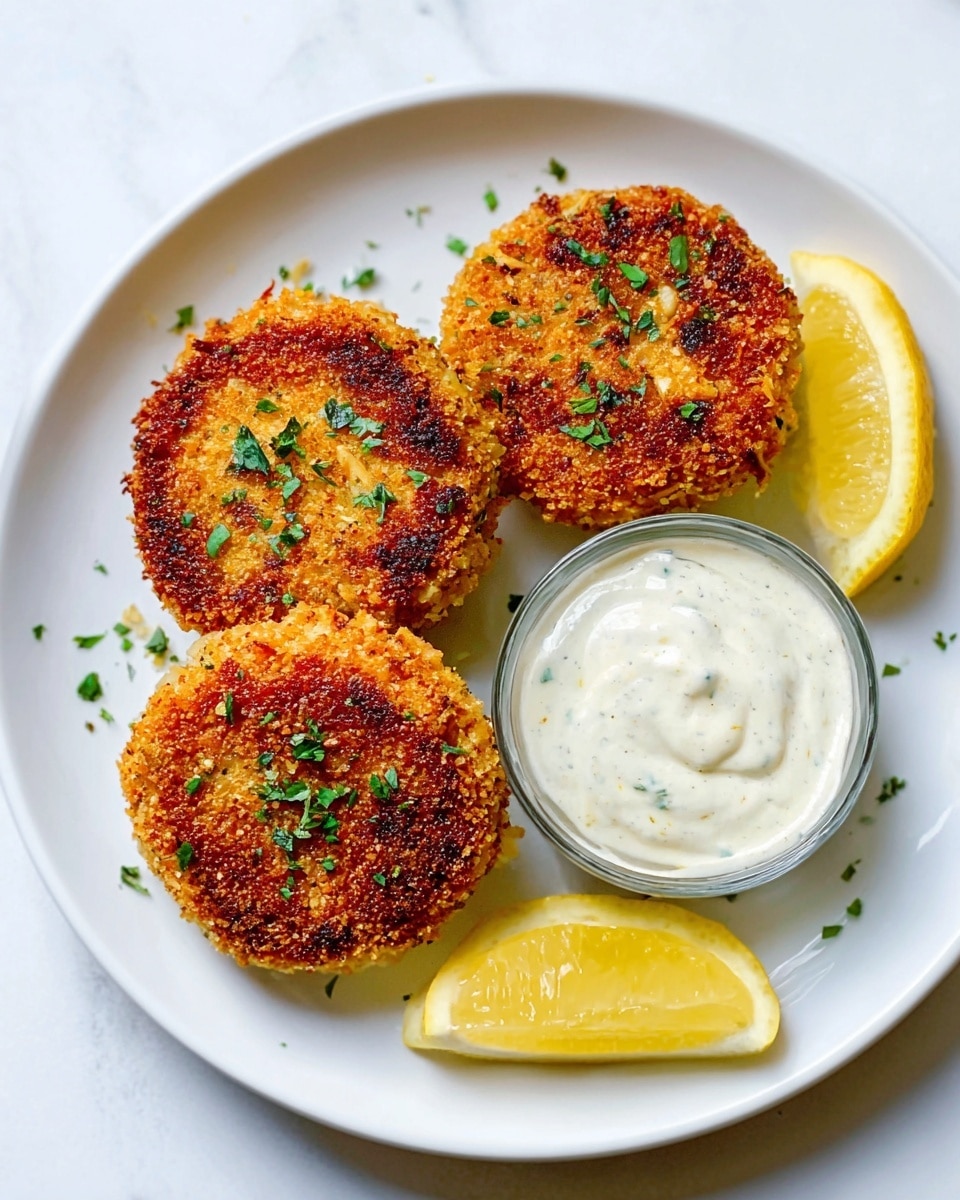 The image shows a close-up of several golden-brown crab cakes with a crispy texture and visible green herbs mixed in, placed on a white plate. There are at least four crab cakes arranged closely, with two lemon wedges placed near the bottom edge of the plate adding a bright yellow contrast. At the top of the plate, there is a small white bowl filled with creamy white dipping sauce. The background features a white marbled texture, enhancing the clean and fresh presentation. photo taken with an iphone --ar 4:5 --v 7