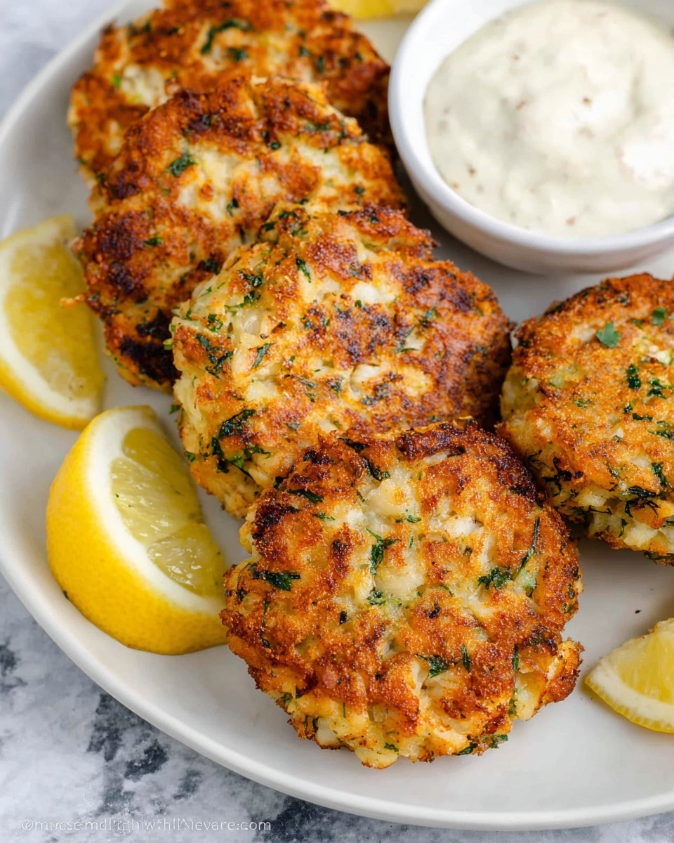 A white plate with three golden-brown crab cakes arranged in a triangle, each cake showing a crispy, textured crust sprinkled with chopped green herbs on top. To the right of the cakes is a small glass bowl filled with creamy white tartar sauce, and two lemon wedges sit on the plate's edges, adding a bright yellow contrast. The overall layout is clean and fresh, set on a white marbled surface. photo taken with an iphone --ar 4:5 --v 7
