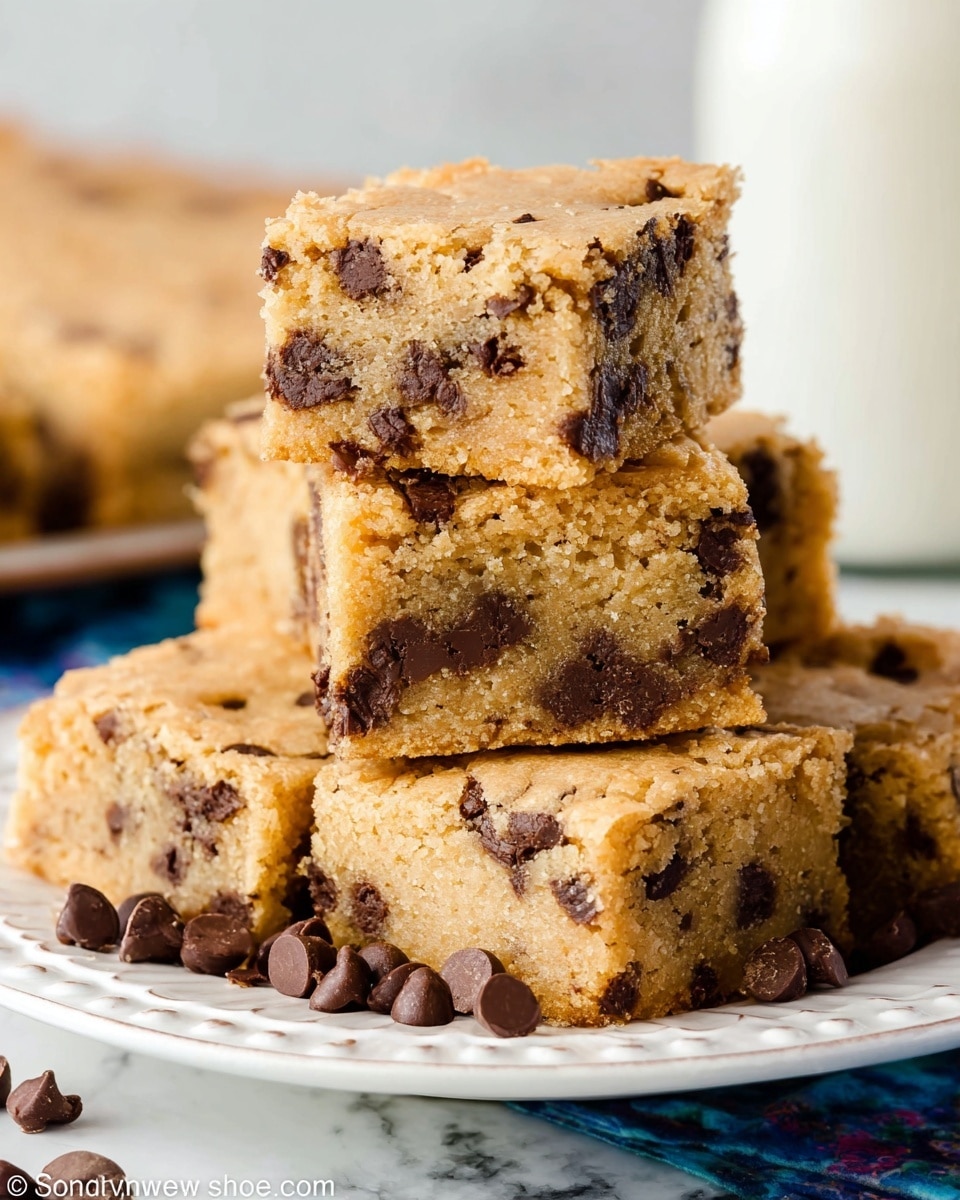 A stack of three square pieces of chocolate chip cookie dough bars sit on a white plate with a slight speckled texture; each bar has a light tan base filled with dark brown chocolate chips scattered inside and on top, giving a chunky texture. Behind the stack, several more bars are piled on a white plate blurred softly. To the right, a clear glass filled with white milk is partially visible on a white marbled surface. A few loose chocolate chips are placed near the base of the plate, adding a casual touch. photo taken with an iphone --ar 4:5 --v 7