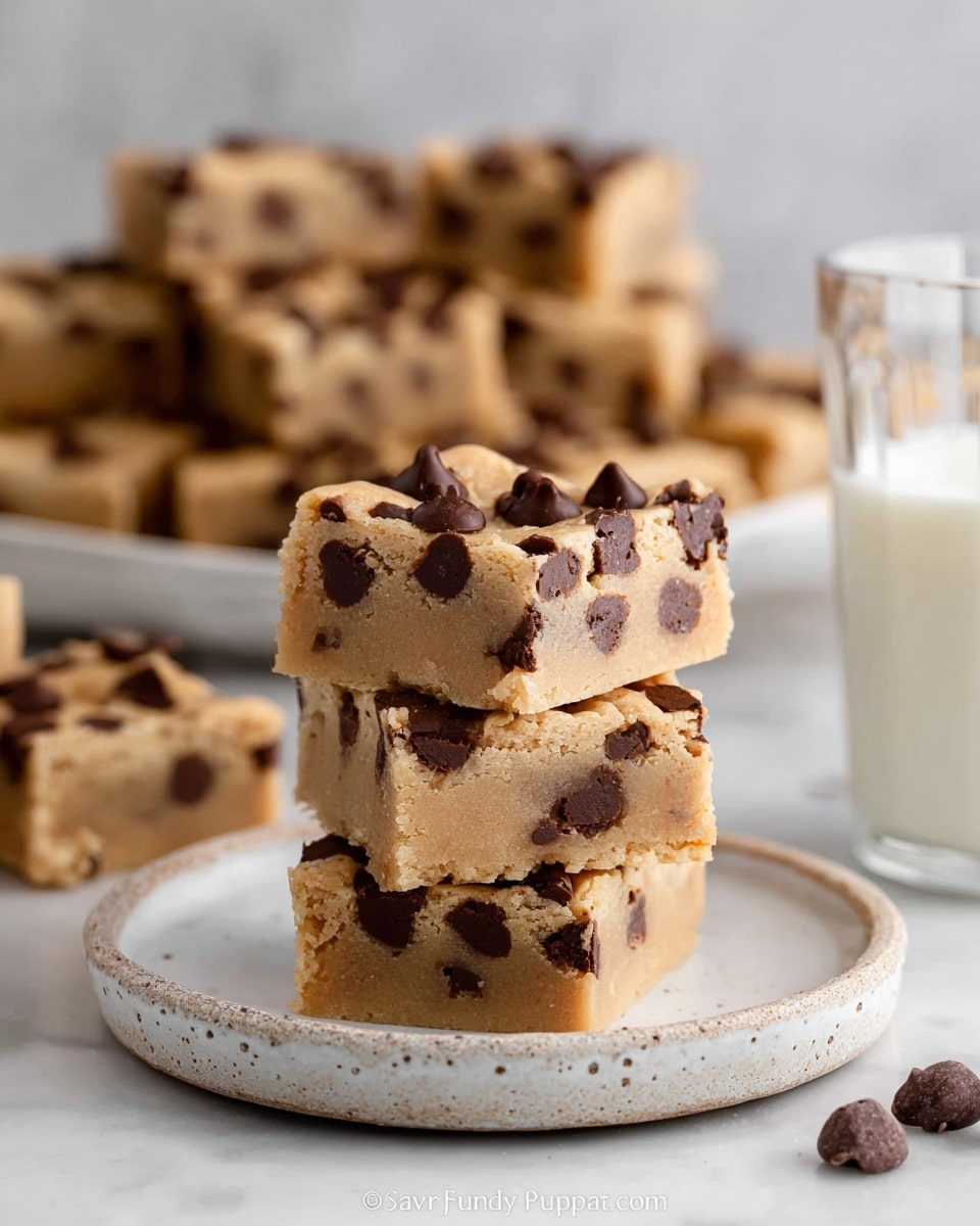 A stack of five thick, square blondie bars filled with dark brown chocolate chips sits on a white plate with a decorative edge. Each blondie bar shows a dense, soft, crumbly texture in a pale golden color, contrasting with the scattered, slightly melted chocolate chips inside. The bars are arranged in a casual pile, with two bars resting atop a group of three bars laid out flat. The plate rests on a white marbled surface, and a few loose chocolate chips are placed at the base of the stack. The background is softly out of focus, making the blondies the main focus of the image. Photo taken with an iphone --ar 4:5 --v 7