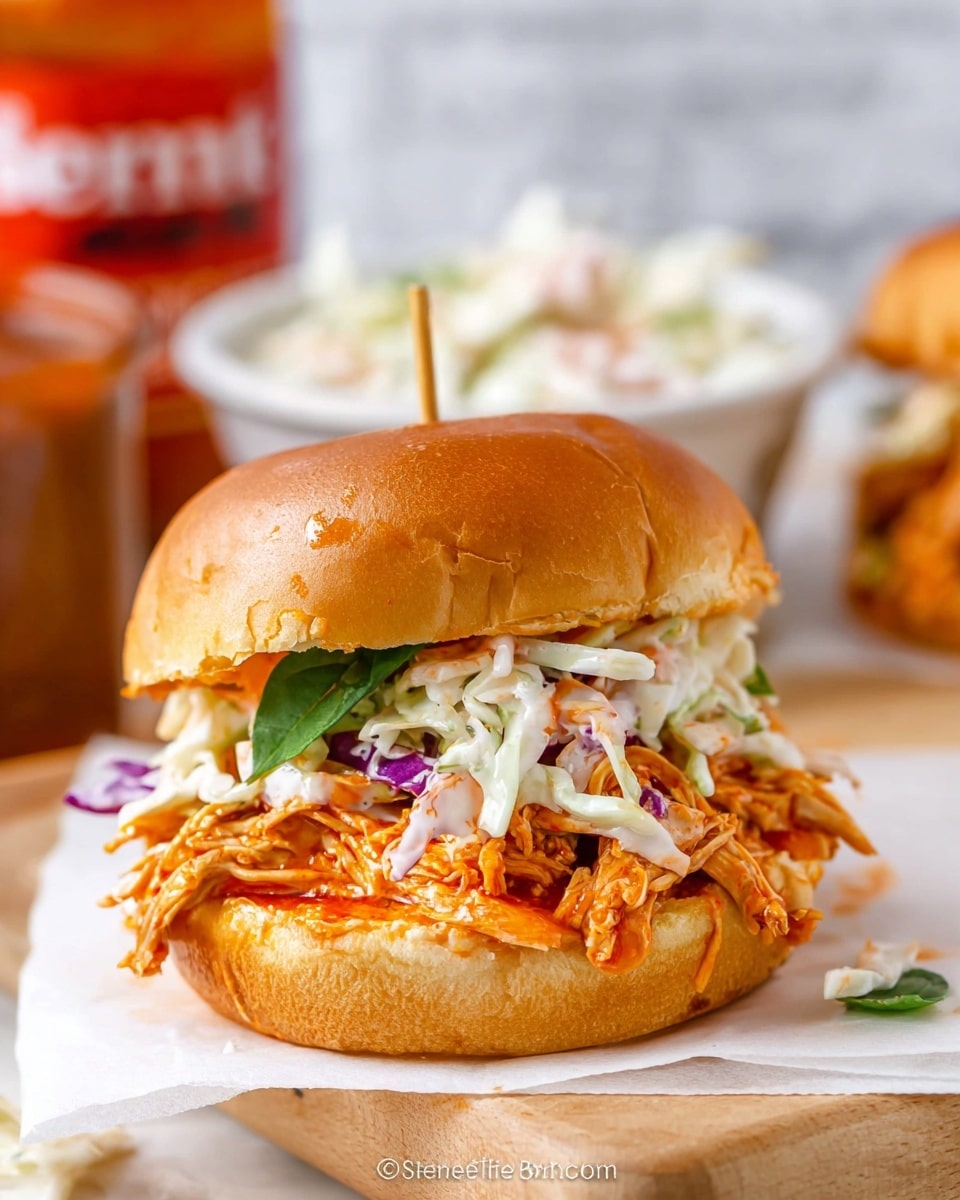 A close-up of a sandwich shows a shiny soft brown bun on top and bottom. Inside, there is a thick layer of shredded chicken coated in a bright orange sauce. On top of the chicken, there is a layer of creamy white and light purple shredded cabbage mixed with some green leaves, adding texture and freshness. The sandwich is held together by a toothpick and is placed on white parchment paper over a light wooden surface, with a blurred bottle of sauce and a bowl of shredded cabbage in the background on a white marbled texture. photo taken with an iphone --ar 4:5 --v 7
