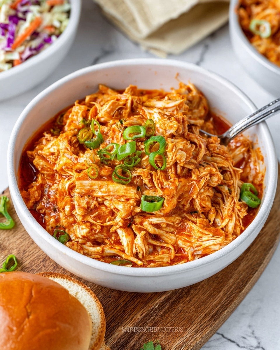 A white bowl filled with shredded chicken coated in a thick, orange-red sauce, with visible pieces of tender chicken mixed throughout. The chicken is garnished with slices of green onions on top, adding a fresh, bright green contrast. A metal spoon rests in the bowl, partially buried in the saucy chicken. The bowl sits on a wooden board placed over a white marbled surface. In the background, part of a white bowl filled with colorful coleslaw is visible, along with a partially seen sandwich bun with a shiny, smooth golden-brown top. Photo taken with an iphone --ar 4:5 --v 7