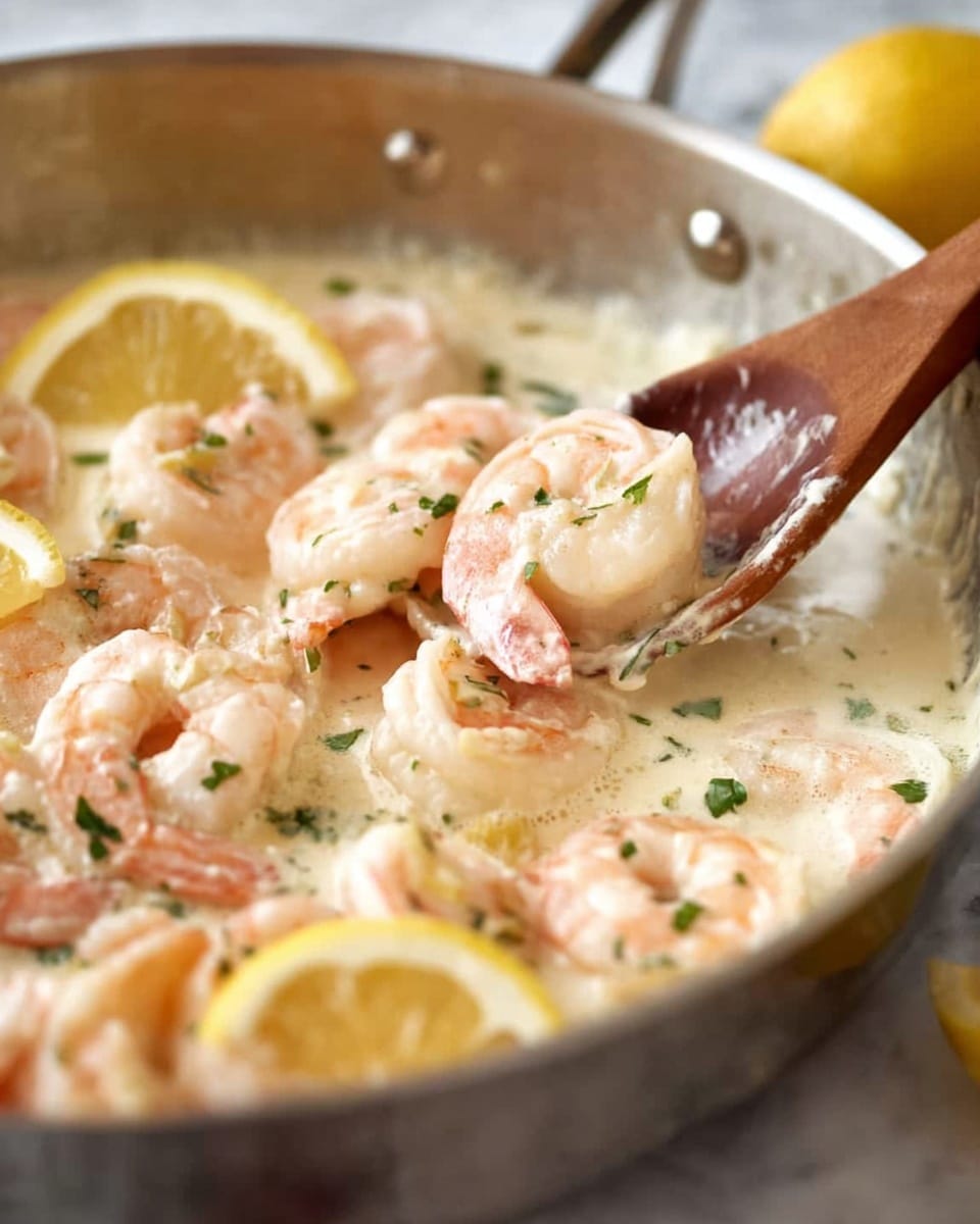 A close-up image shows a metal pan filled with shrimp cooked in a creamy white sauce. The shrimp are light pink with a soft texture and are scattered evenly in the sauce. Slices of yellow lemon are visible in the sauce, adding a splash of bright color. Small pieces of green herbs are sprinkled over the shrimp and sauce, giving a fresh look. A wooden spoon is scooping some shrimp from the pan, showing the smooth, creamy sauce coating the shrimp. The background features a soft white marbled surface, suggesting a clean and bright kitchen setting. Photo taken with an iphone --ar 4:5 --v 7