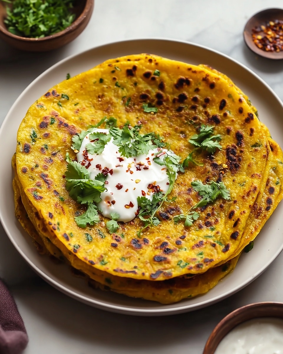 A stack of three golden yellow flatbreads with dark brown char spots sits in the center of a white plate. The flatbreads have a textured surface with small green specks spread throughout, likely herbs. On top of the stack, there is a dollop of white creamy sauce garnished with red chili flakes and fresh green cilantro leaves that add a pop of color. In the background to the left, there is a small bowl of green herbs and chili flakes, and to the right, a small bowl with more white sauce. The whole scene is placed on a white marbled surface with soft, natural lighting. photo taken with an iphone --ar 4:5 --v 7