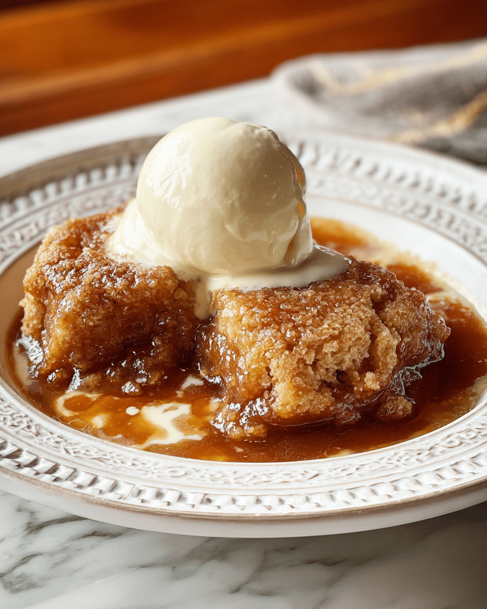 A dessert on a white plate with detailed patterns shows two pieces of golden brown cobbler with a crispy, sugar-coated top layer soaked in a shiny, amber-colored sauce. On top, a round scoop of white vanilla ice cream is melting slightly, blending with the sauce and adding a creamy texture. The plate is set on a white marbled surface with a blurred warm wooden background. photo taken with an iphone --ar 4:5 --v 7
