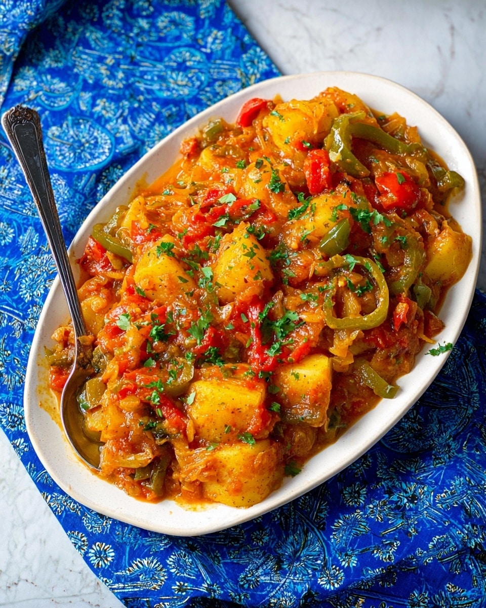 A white oval plate filled with a chunky, thick stew of a warm orange color mixed with bright red tomato pieces, green slices of bell pepper, and translucent cooked onion rings scattered throughout. The dish also has soft yellow potato chunks mixed in, all coated in a slightly glossy sauce. Bright green chopped herbs are sprinkled over the top, adding freshness. A silver spoon rests inside the plate on the left side. The plate sits on a white marbled surface with a blue patterned cloth partially under it, creating a cozy and colorful setting. Photo taken with an iphone --ar 4:5 --v 7