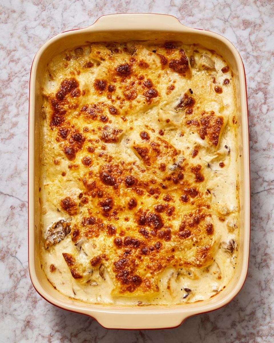 A cream-colored rectangular baking dish filled with a creamy, golden-brown baked dish featuring melted cheese on top. The surface is bubbly and spotted with darker toasted brown patches, indicating the cheese is perfectly browned. Beneath the top layer, there are visible soft, irregularly shaped pieces that seem soaked in creamy sauce, with small bits of mushrooms or nuts scattered throughout. The dish appears thick, rich, and slightly uneven in texture, showing a hearty and comforting baked casserole. The dish is placed on a white marbled surface. photo taken with an iphone --ar 4:5 --v 7