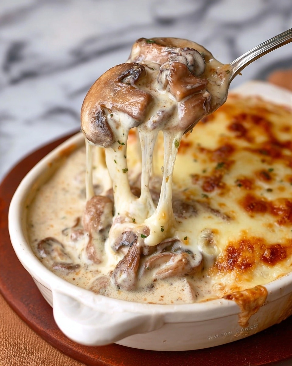 A close-up of a creamy mushroom dish in a white bowl with a handle, placed on a brown coaster that contrasts with the white marbled surface beneath. The dish has soft beige creamy sauce with sliced mushrooms visible in the base layer. On top is a thick, melted layer of cheese that is golden brown with some bubbly, stretchy texture being lifted by a spoon. The mushrooms on the spoon are covered in glossy, melting cheese that pulls down in strings, showing a rich and smooth consistency. photo taken with an iphone --ar 4:5 --v 7