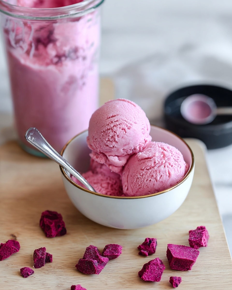 The image shows two smooth, round scoops of light pink ice cream placed atop a small bed of the same ice cream inside a white bowl with a thin gold rim, with a silver spoon resting inside. Surrounding the bowl on a light wood surface are small, bright magenta frozen chunks. In the background, there is a clear glass container filled halfway with the same light pink ice cream and a metal scoop, as well as a black lid with leftover ice cream. The whole scene is set against a white marbled texture. photo taken with an iphone --ar 4:5 --v 7