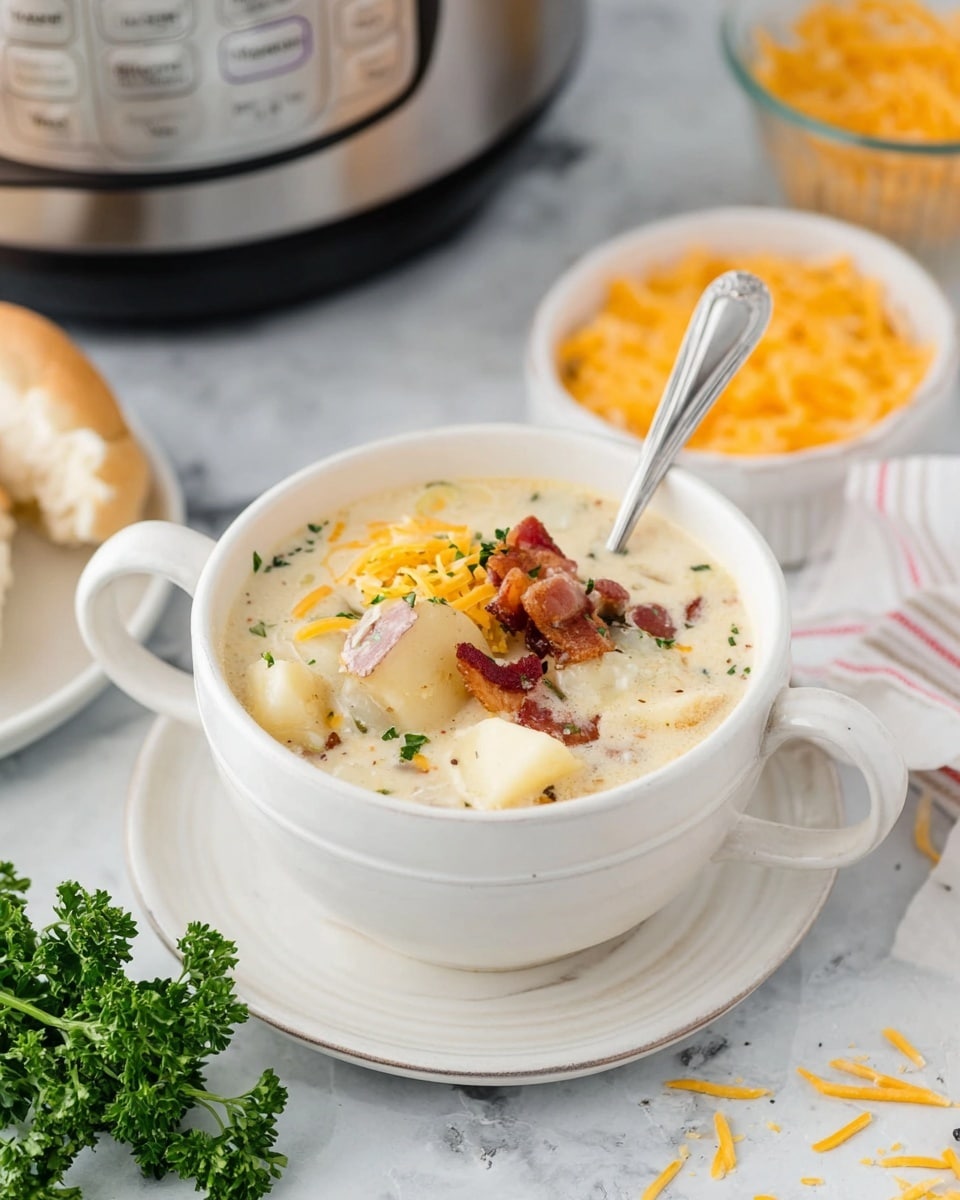 A white bowl filled with creamy white soup that has small pieces of cooked chicken and potato chunks floating in it, topped with green parsley leaves and a sprinkle of black pepper. The soup looks thick and soft, with a smooth texture. The bowl sits on a white saucer over a white marbled surface. In the background, there are blurred yellow shredded cheese and other soft-textured elements in white bowls, adding a cozy and warm feeling to the scene. Photo taken with an iphone --ar 4:5 --v 7