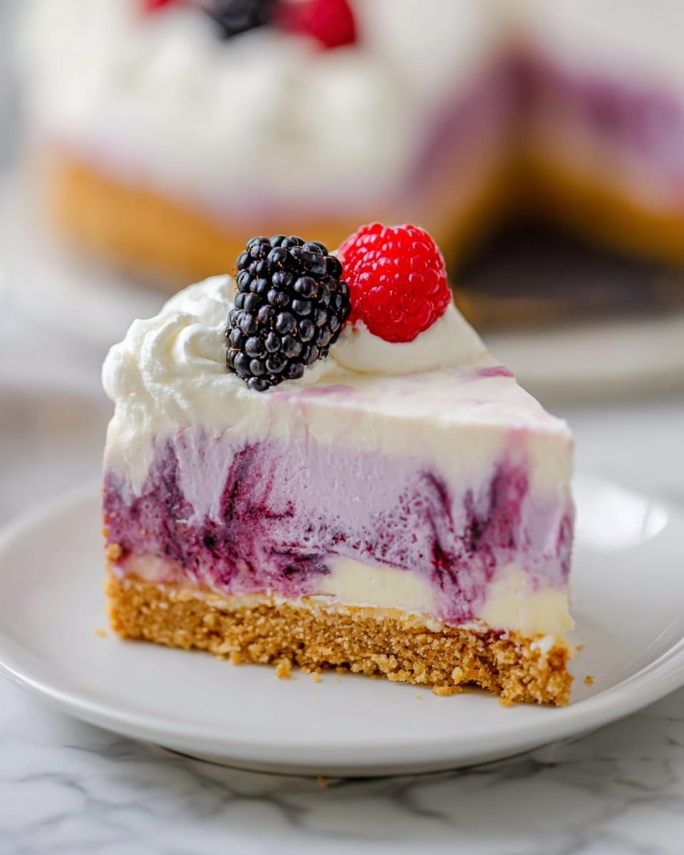 A slice of berry cheesecake is shown on a white plate with a white marbled surface. The dessert has three layers: a thick, crumbly golden brown crust at the bottom, a dense creamy light purple berry filling in the middle with swirls of darker purple, and a layer of white whipped cream on top. The cheesecake slice is decorated with a fresh red raspberry and a fresh blackberry placed on the whipped cream. The background shows the rest of the cheesecake slightly blurred. Photo taken with an iphone --ar 4:5 --v 7