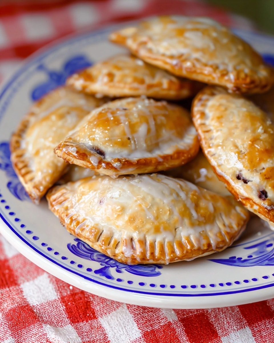 A close-up view of several golden-brown hand pies arranged on a white plate with blue decorative patterns along the edge. Each hand pie has a smooth, shiny glaze coating on top, with some visible cracks and slight browning on the edges. The hand pies are crescent-shaped with crimped edges, showing a lightly flaky texture. They are stacked slightly on top of each other, positioned toward the center of the plate, which sits on a red and white checkered cloth. The overall scene has a warm, inviting feel. photo taken with an iphone --ar 4:5 --v 7