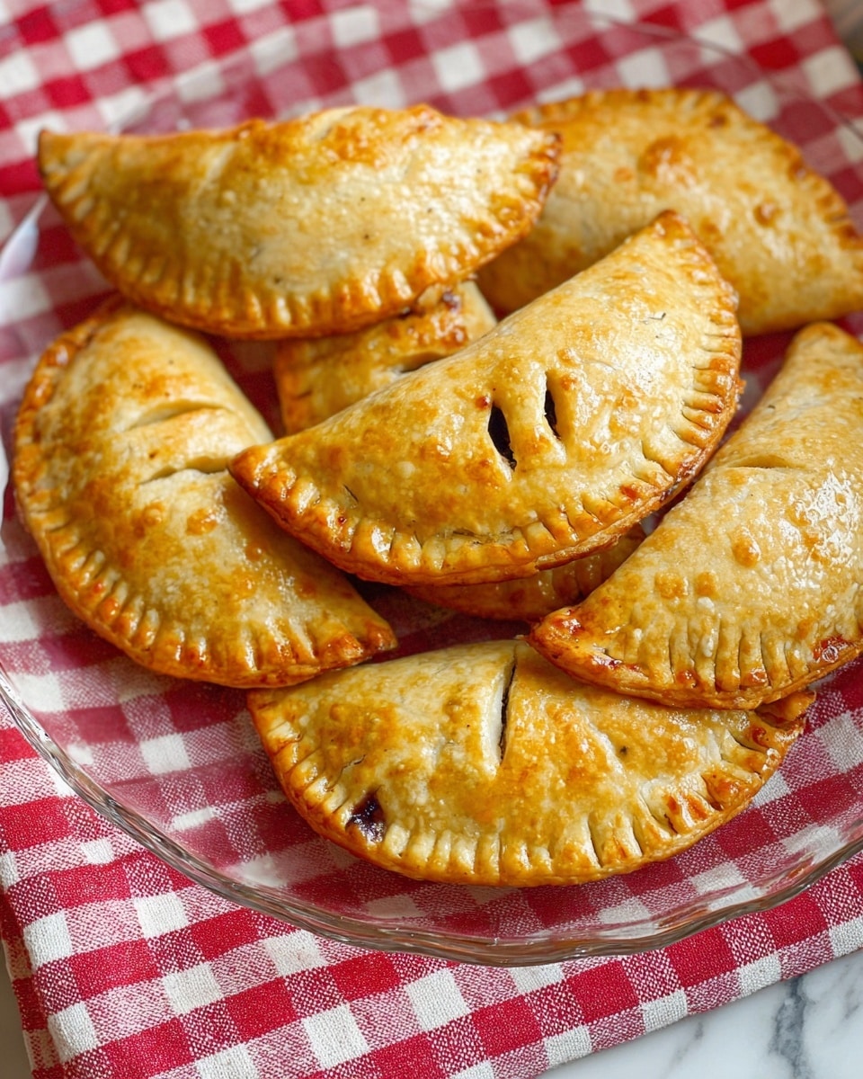 A clear glass plate sits on a white marbled surface covered with a red and white checkered cloth, holding seven golden-brown hand pies. Each hand pie is half-moon shaped with a slightly crimped edge and three small slits on top, showing variations in browning and texture. The crust looks flaky and lightly shiny, with some darker spots of filling visible through the slits. The hand pies are stacked unevenly, creating a casual, inviting arrangement. photo taken with an iphone --ar 4:5 --v 7