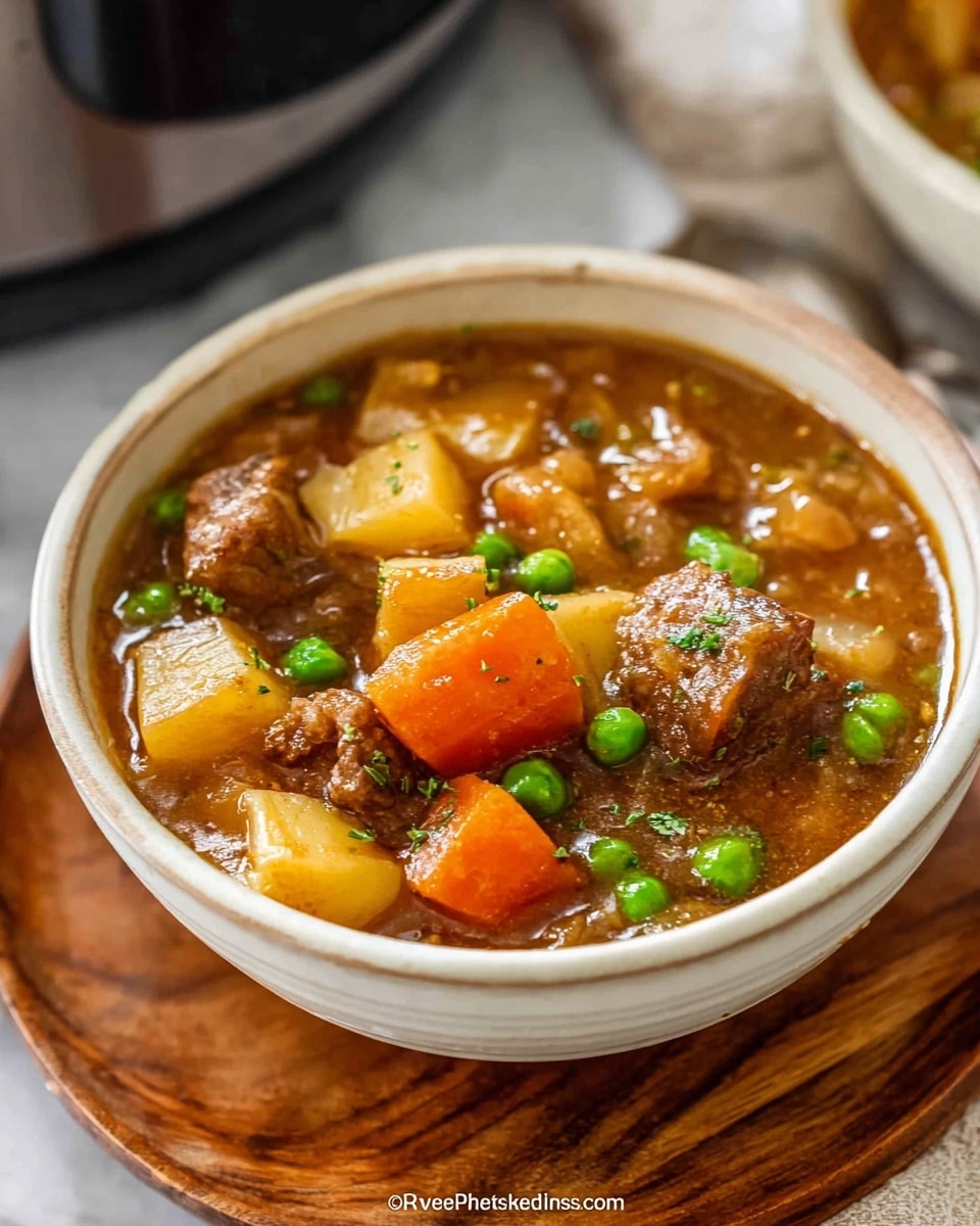 A close-up of a bowl filled with thick stew showing multiple layers: the bottom layer is a rich, brownish broth, followed by chunks of tender brown meat, large pieces of orange carrot slices, light yellow potato chunks, and bright green peas scattered on top. Small bits of green herbs are sprinkled over the stew. The bowl is white and thick, set on a round brown wooden coaster, with a blurred background featuring soft white and gray tones. photo taken with an iphone --ar 4:5 --v 7