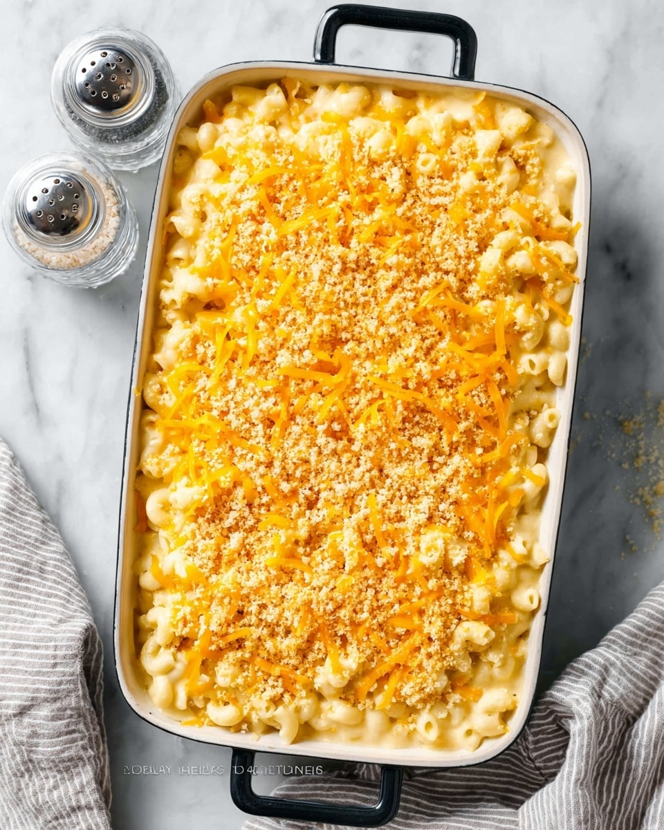 A white rectangular baking dish with black handles is filled with creamy macaroni and cheese. The dish shows three visible layers: the bottom layer is soft, light yellow cooked pasta coated in a smooth cheese sauce, the middle layer is covered with shredded cheddar cheese with bright orange and light yellow colors, and the top layer is sprinkled with finely crushed breadcrumbs pale beige in color, giving a crunchy texture. The dish is placed on a white marbled surface next to two clear glass salt and pepper shakers and a striped light gray cloth. Photo taken with an iphone --ar 4:5 --v 7