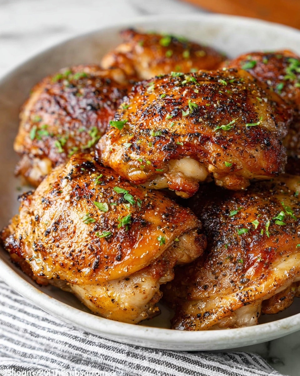 A close-up view of five grilled chicken thighs stacked on top of each other in a white bowl, each piece showing a crispy, golden-brown skin with black pepper and seasoning specks, and small green herb pieces sprinkled on top, giving a fresh contrast to the rich brown colors, with visible texture on the chicken skin that looks juicy and well-cooked, placed on a white marbled surface with a striped cloth underneath, photo taken with an iphone --ar 4:5 --v 7
