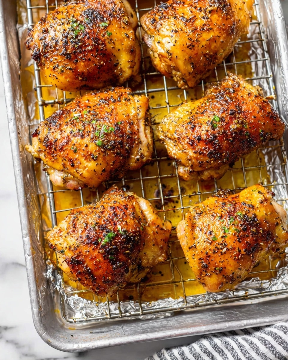 The image shows six pieces of roasted chicken thighs with crispy golden brown skin, covered in black pepper and small bits of green herbs. The thighs are placed on a metal wire rack above a foil-lined tray with golden brown cooking juices collected at the bottom. The chicken skin looks textured with a slightly crunchy appearance, and the pieces are arranged close to each other but not touching. The background is a white marbled surface with a striped cloth partially visible on the lower right side. photo taken with an iphone --ar 4:5 --v 7
