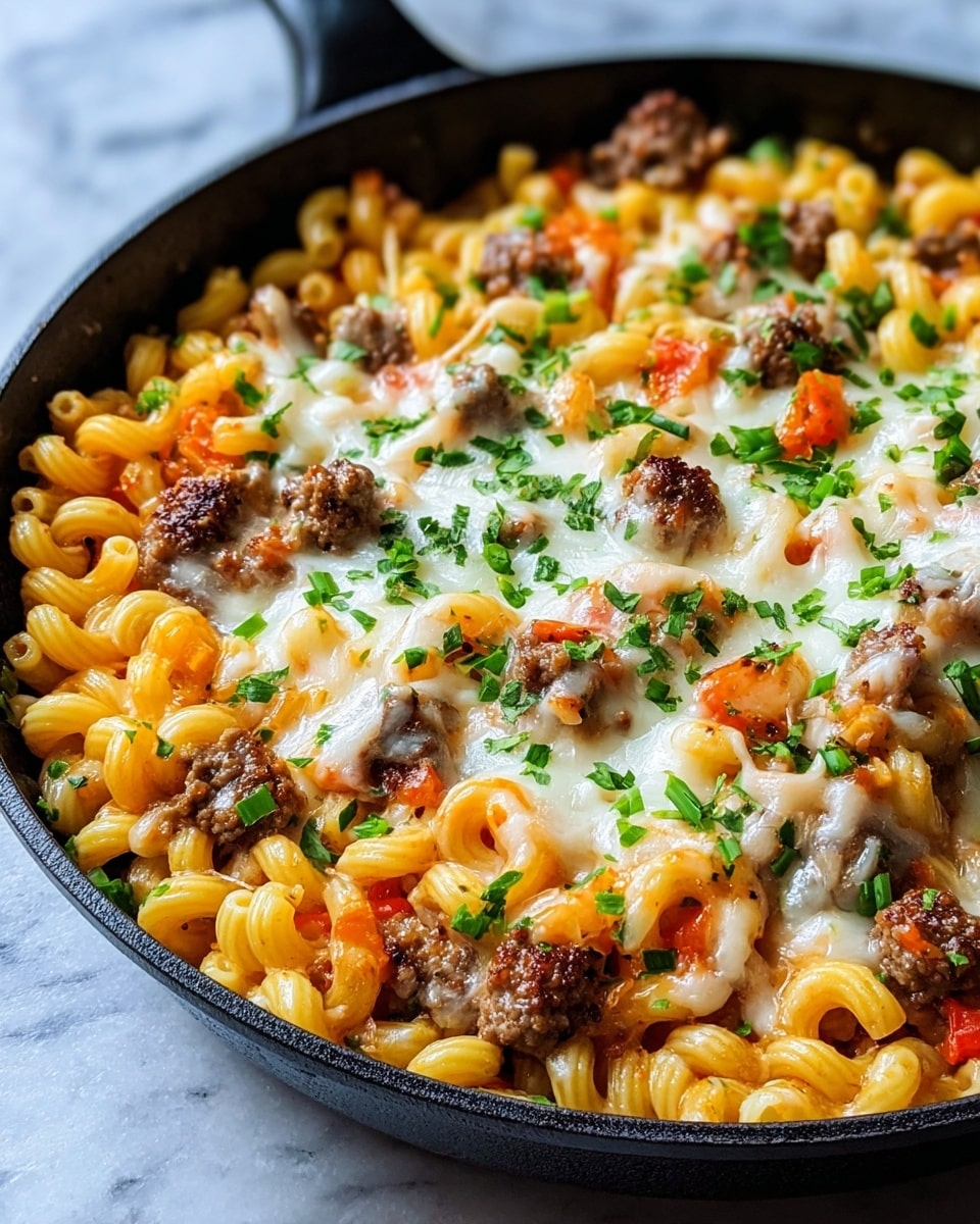 This image shows a close-up of a cooked macaroni pasta dish in a black skillet. The base layer is yellow curly macaroni pasta mixed with chunks of browned beef and pieces of orange tomato spread throughout. On top, there is a melted white cheese layer that covers the pasta and meat unevenly. The dish is garnished with small green chopped herbs scattered over the melted cheese and pasta. The skillet sits on a white marbled surface. photo taken with an iphone --ar 4:5 --v 7