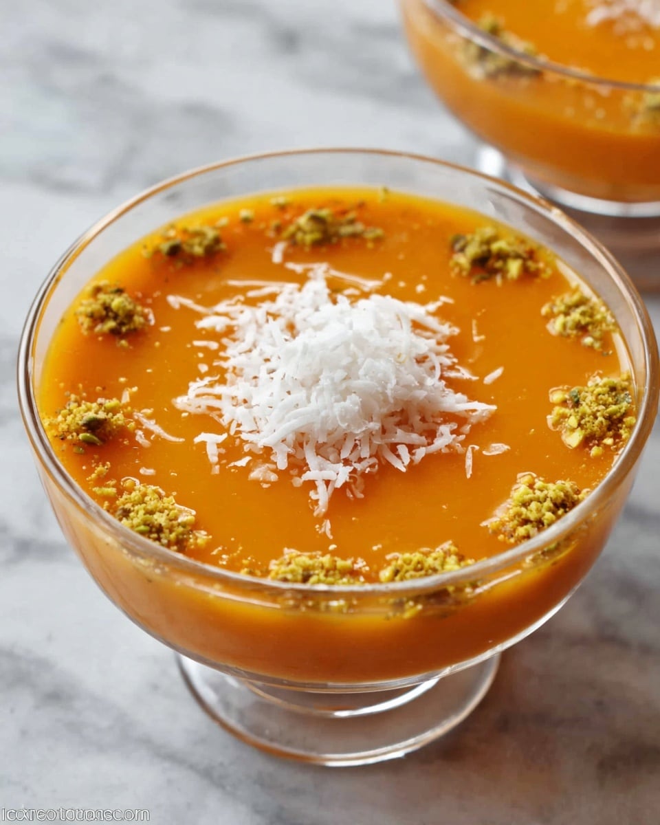 A clear glass bowl filled with a smooth, bright orange dessert layer that has a glossy texture. At the center on top, there is a small pile of white shredded garnish, possibly coconut. Around the edge of the bowl, evenly spaced, are small clusters of green and yellow crumbly topping. The bowl sits on a white marbled surface. photo taken with an iphone --ar 4:5 --v 7