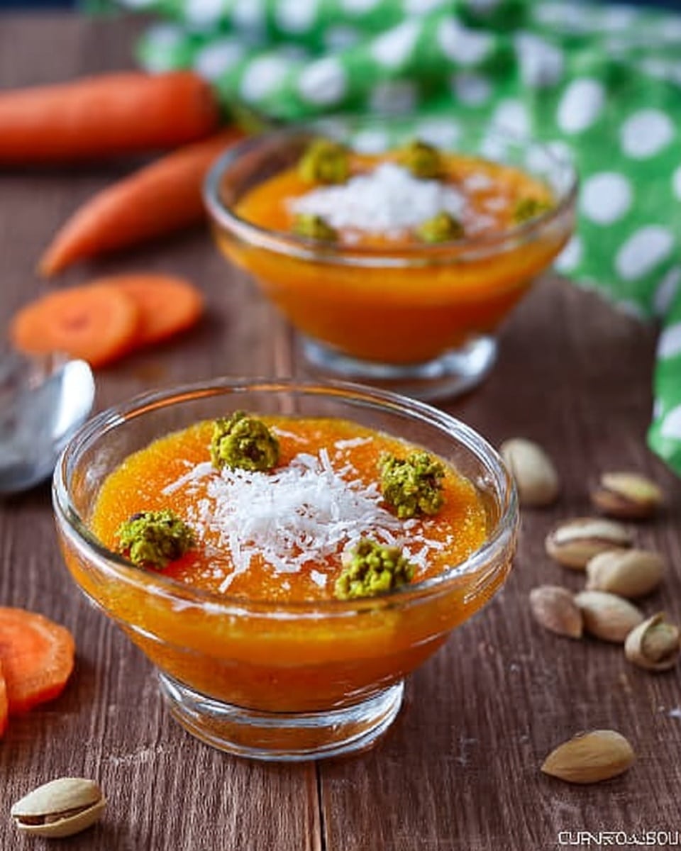 The image shows two clear glass bowls filled with bright orange carrot pudding. Each bowl has three dollops of crushed green pistachio nuts evenly spaced near the edges and topped in the center with a small pile of white shredded coconut. The bowls are placed on a wooden table with some slices of fresh carrot and whole pistachios scattered around. In the background, a piece of green and white fabric is blurred. The lighting is soft and natural, highlighting the smooth texture of the pudding. Photo taken with an iphone --ar 4:5 --v 7