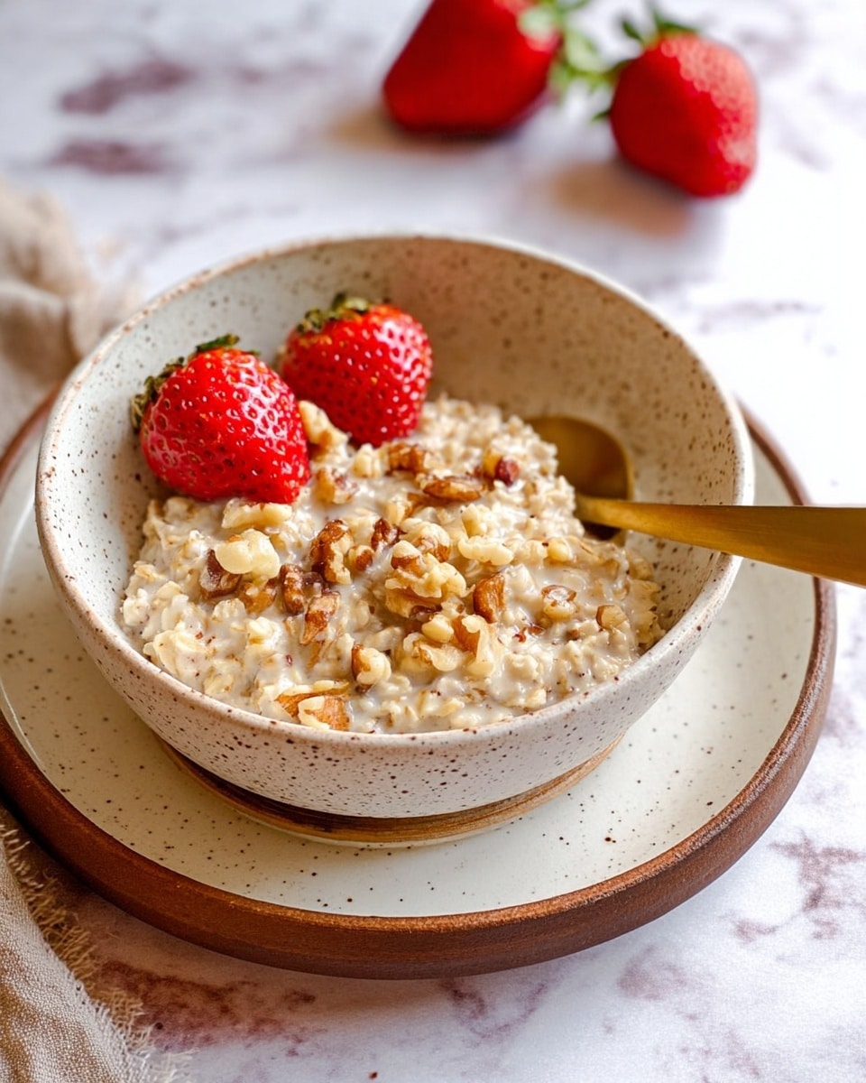 A bowl with a speckled off-white color holds oatmeal mixed with nuts, showing a creamy texture dotted with chunky walnut pieces. Two whole bright red strawberries with green tops sit at the edge of the bowl. A shiny gold spoon rests inside, angled to the right. The bowl is placed on a matching speckled off-white plate and both are set on a larger brown-rimmed white plate, all on a white marbled surface. In the background, two more strawberries are slightly out of focus. photo taken with an iphone --ar 4:5 --v 7