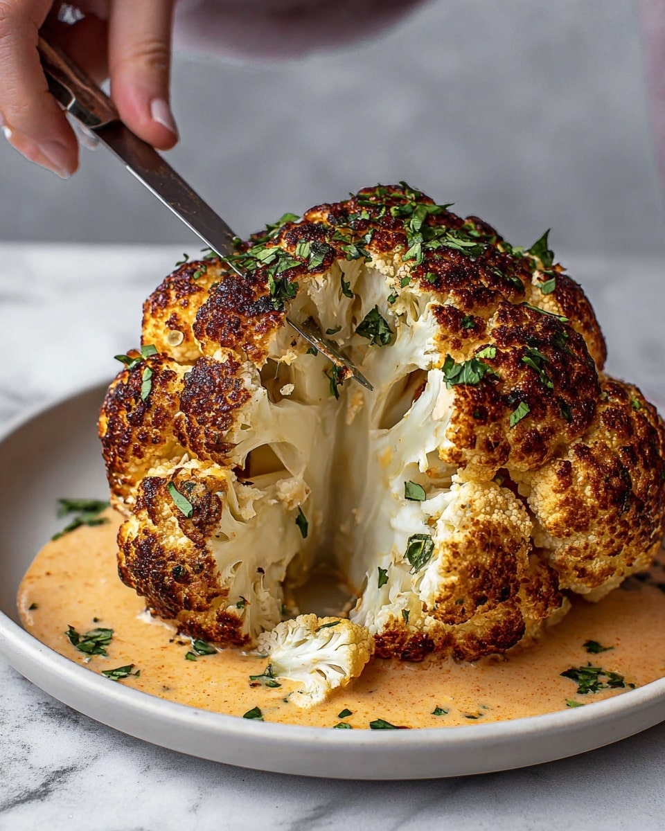 A whole roasted cauliflower with a deep golden-brown, slightly charred exterior sits on a bed of light orange creamy sauce on a white plate. The cauliflower is cut into, showing its white interior with a firm, textured core and florets. Sprinkles of fresh green herbs are scattered on top and around the plate, adding a bright touch. A woman's hand is holding a knife, cutting into the cauliflower from the side. The scene is set on a white marbled textured surface. photo taken with an iphone --ar 4:5 --v 7
