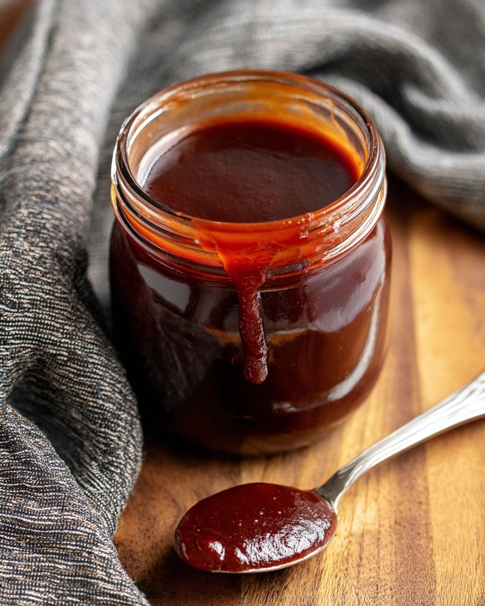 A close-up image of a glass jar filled with thick, dark reddish-brown sauce with a glossy, smooth texture. The sauce slightly overflows the jar’s rim, with a small drip running down the side. Next to the jar is a silver spoon holding some of the same sauce, showing its rich, dense consistency. The jar and spoon are placed on a wooden surface, and a textured grey cloth is draped nearby. The background is bright and warm. photo taken with an iphone --ar 4:5 --v 7