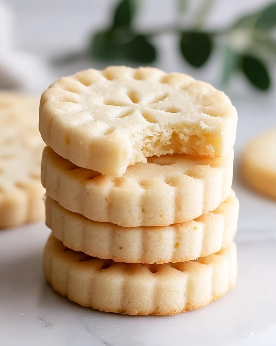 A stack of four round shortbread cookies with scalloped edges sits on a white marbled surface. Each cookie is pale beige with a smooth, slightly crumbly texture and small perforations on top forming a pattern. The two cookies on the bottom show thicker edges, while the third cookie from the bottom has a small bite taken out of it, revealing a soft interior. The cookies have a slight golden tint around the edges and appear soft and buttery. In the blurred background, there is green foliage. photo taken with an iphone --ar 4:5 --v 7