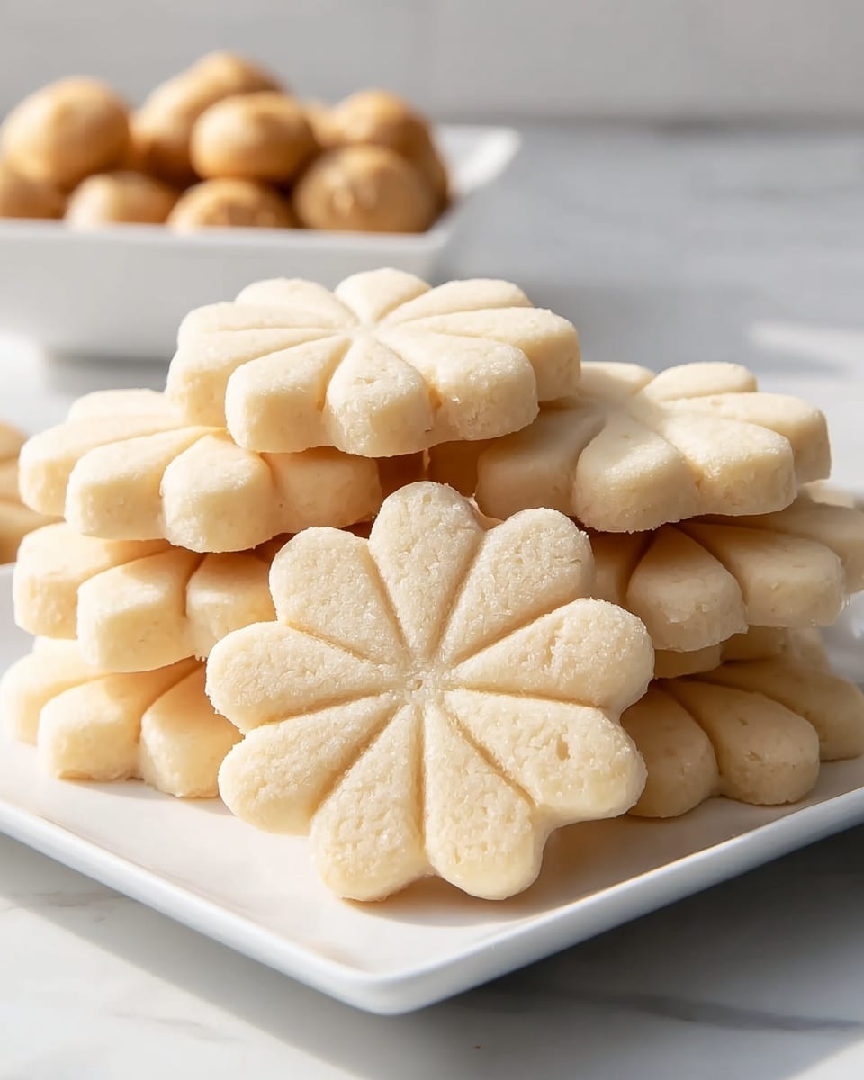 A stack of pale beige cookies shaped like flowers with eight rounded petals each is arranged on a white square plate. The cookies have a slightly crumbly texture with subtle indentations outlining each petal and a smooth surface. They are piled up unevenly, with some laying flat and others leaning against one another, creating a soft layered effect. In the background, there is a blurred white square bowl holding small light brown round treats on a white marbled surface. The lighting is soft and natural, highlighting the delicate texture of the cookies. photo taken with an iphone --ar 4:5 --v 7
