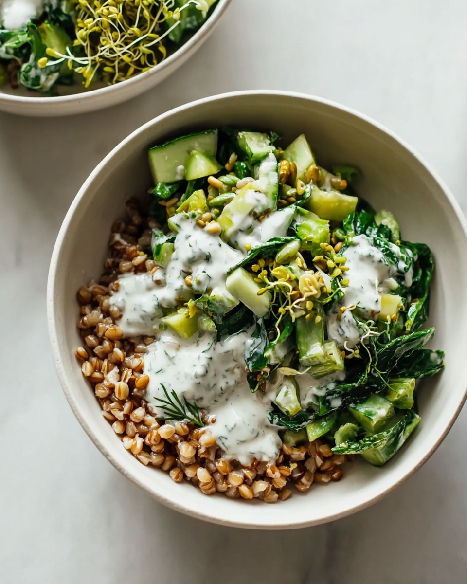 A white bowl filled with three distinct layers: the bottom layer is a bed of soft brown cooked grains, the middle layer consists of bright green leafy vegetables mixed with light green cucumber chunks and some yellow-green sprouted legumes, and the top layer is a drizzle of creamy white sauce with specks of herbs. The bowl is placed on a white marbled surface, and part of another similar bowl is visible on the top right. photo taken with an iphone --ar 4:5 --v 7