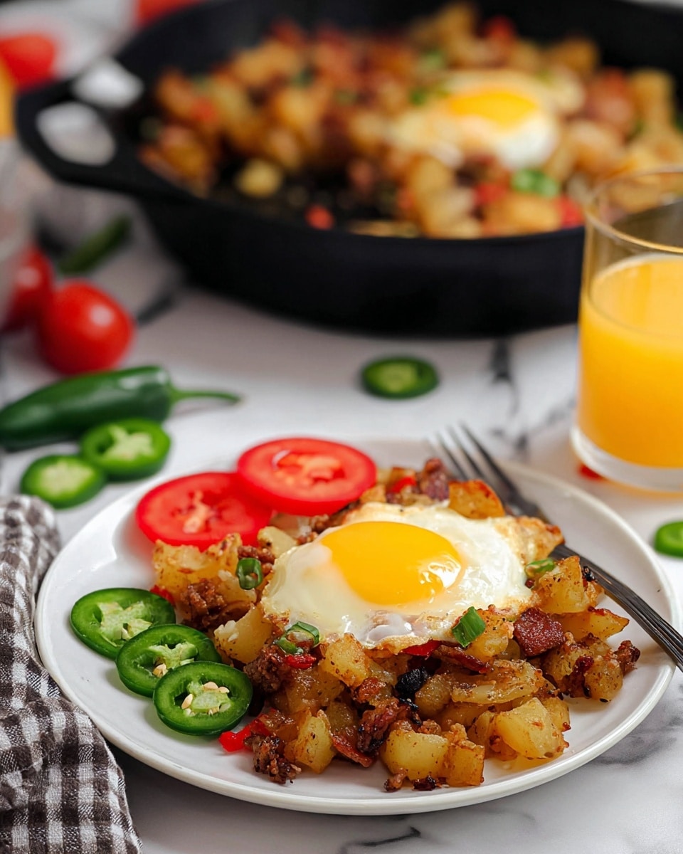 The dish shows a white plate with a single layer of cooked diced potatoes mixed with small browned pieces of meat and bits of red pepper, creating a textured, golden-brown base. In the center, a cooked egg with a white firm edge and a soft, shiny yolk is nestled among the potatoes. On the side of the plate, there are fresh green jalapeño slices and two round red tomato slices. Next to the plate, on the right, there is a clear glass filled with orange juice. In the background, a black cast iron skillet holds a similar potato and egg mix, placed on a white marbled surface with green and red pepper accents, and a gray and white checkered cloth partially visible nearby. photo taken with an iphone --ar 4:5 --v 7