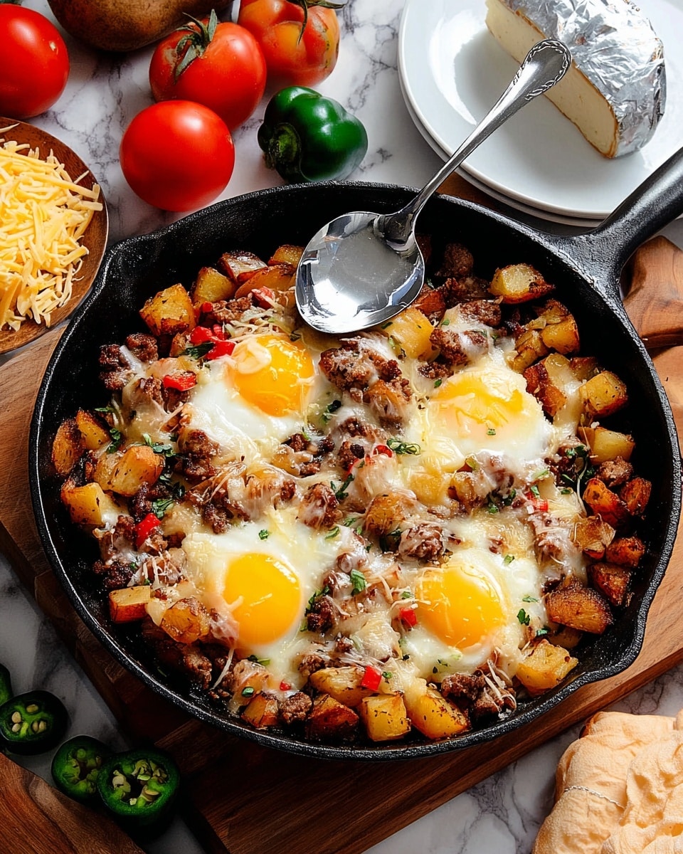 The image shows a black cast-iron pan filled with a breakfast hash. The dish has three fried eggs with bright yellow yolks spread evenly in the pan. Around the eggs, there is a mix of diced, golden-brown potatoes, browned sausage pieces, melted shredded cheese, and small bits of red and green vegetables. A large silver spoon rests on the edge of the pan. The pan is placed on a wooden board, surrounded by fresh whole tomatoes, a small round green squash, sliced jalapeños, and a wrapped cheese wheel on a white marbled surface with a white plate in the background. Photo taken with an iphone --ar 4:5 --v 7