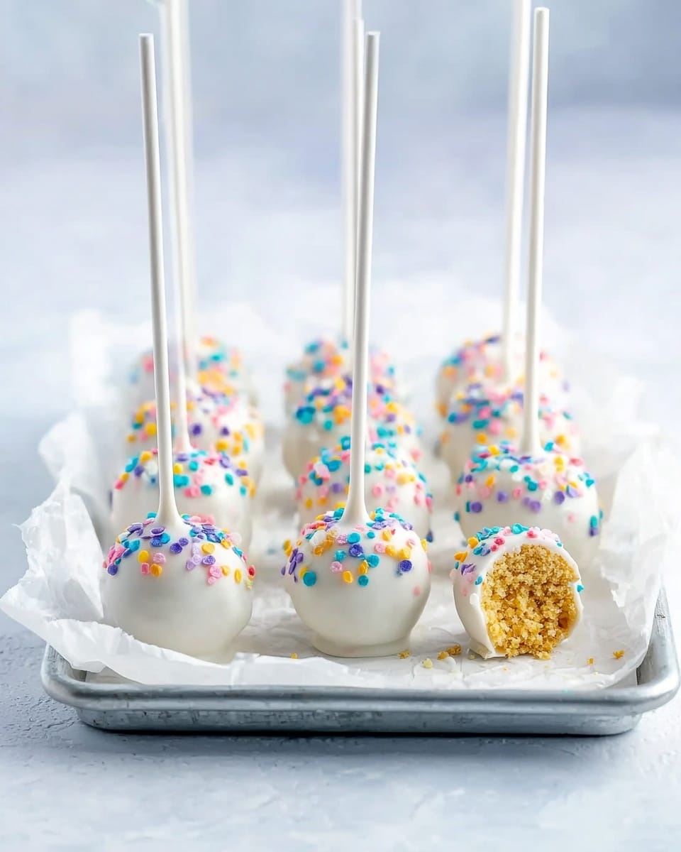 The image shows eight round cake pops arranged in two rows on a white marbled textured surface, with each cake pop coated in smooth white chocolate and decorated with colorful round confetti sprinkles. Each cake pop has a white stick inserted vertically through the center. One cake pop in the front right row has a bite taken out of it, revealing a golden crumbly inner layer. The cake pops rest on a crumpled white parchment paper atop a rectangular metal tray, all set against a soft, bright background. photo taken with an iphone --ar 4:5 --v 7