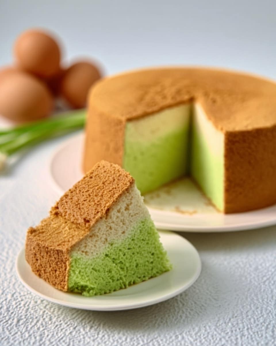 The image shows a round chiffon cake with one slice cut out and placed slightly away from the whole cake on a white plate. The cake has two layers: the outside layer is light brown and fluffy, while the inside layer is bright green and smooth. The cake looks soft with a spongy texture, and the white marbled surface underneath the plate adds a clean, fresh look. In the background, there are blurred brown eggs that add a natural touch. photo taken with an iphone --ar 4:5 --v 7