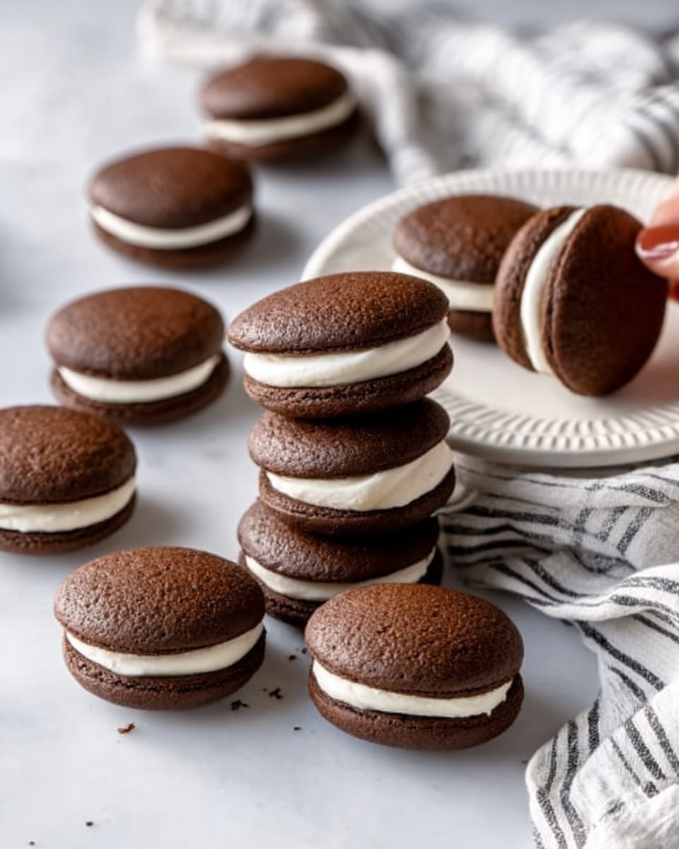 This image shows several chocolate sandwich cookies filled with white cream on a white marbled surface. Each cookie has two round, dark brown, smooth-textured layers on top and bottom, with a thick, smooth, white cream layer in the middle. The cookies are scattered in groups and individually, some resting on a white plate with ridges on the edge, placed at the top right. A woman's hand is holding one cookie near the plate. A white cloth with thin black stripes is partly visible under some cookies. The lighting is soft and natural, making the chocolate and cream look fresh and rich. Photo taken with an iphone --ar 4:5 --v 7