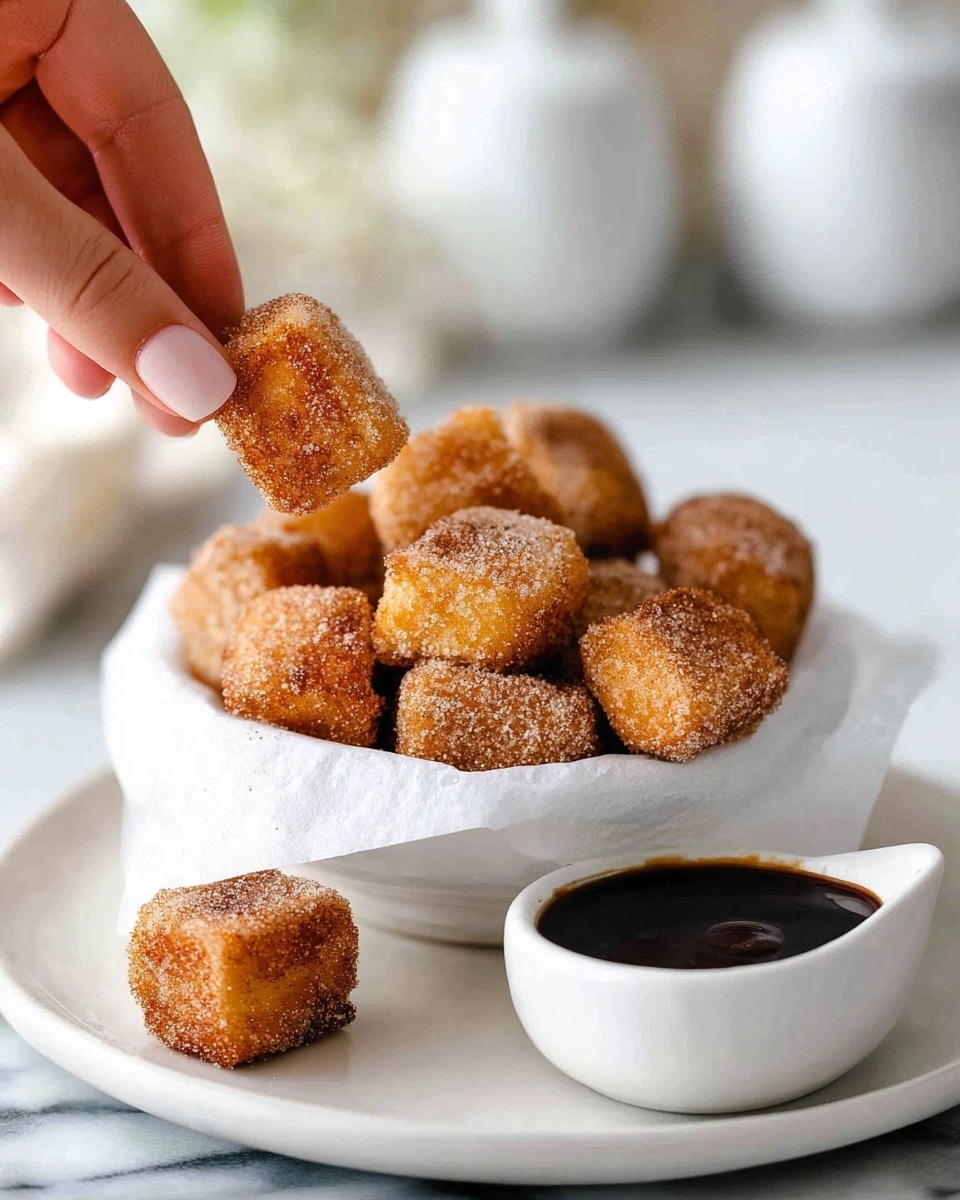 The image shows many small, square pieces of fried dough coated with cinnamon sugar, stacked in a white bowl lined with white paper, placed on a white plate. One piece is near the front of the plate. A woman's hand is dipping one of these golden brown fried dough cubes into a small white cup filled with dark syrup. The background has a soft focus and features white items and a white marbled surface. Photo taken with an iphone --ar 4:5 --v 7