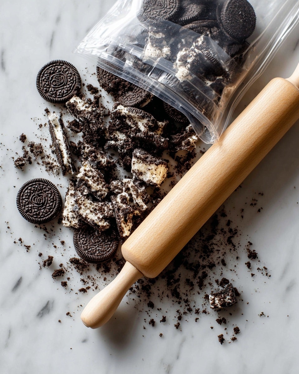 The image shows a clear plastic bag lying open on a white marbled surface, spilling out a mix of whole and crushed chocolate sandwich cookies with white cream filling. The crumbs and chunks are dark brown and white, scattered casually around the bag. Next to the spilled cookies is a light wooden rolling pin with a smooth, polished texture, positioned diagonally across the frame. photo taken with an iphone --ar 4:5 --v 7
