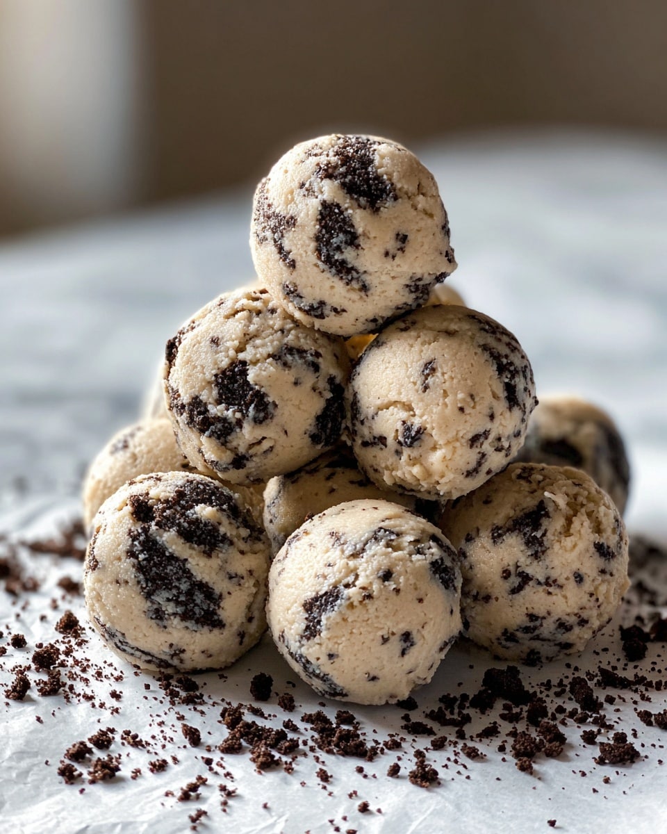 A close-up view of a small pile of round cookie dough balls with visible chunks of dark chocolate cookies mixed throughout the creamy, light beige dough. The balls are stacked on top of each other on a white piece of parchment paper, which lies on a white marbled surface. Crumbs from the chocolate cookies are scattered around the base of the dough balls, adding texture to the scene. The background is softly blurred, focusing attention on the texture and color contrast of the dough balls. photo taken with an iphone --ar 4:5 --v 7