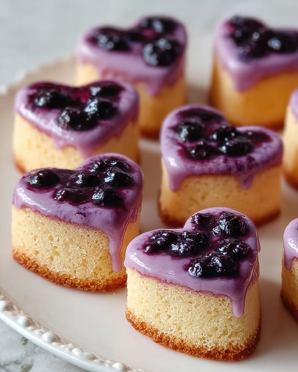 The image shows several small heart-shaped cakes arranged closely on a white plate with a subtle decorative edge. Each cake has two layers: the bottom layer is a light golden brown sponge texture, fluffy and soft, while the top layer is a smooth, glossy purple glaze with scattered dark purple or black berry pieces embedded on the surface. The cakes have a slightly shiny finish on top, with the glaze gently dripping along the sides. The setting is on a white marbled texture, adding a clean and elegant background. Photo taken with an iphone --ar 4:5 --v 7