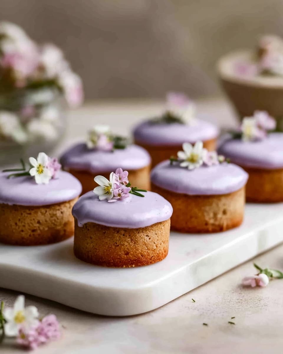 The image shows eight round mini cakes with a light brown base. Each cake has a smooth layer of light purple frosting on top that looks creamy and slightly shiny. On top of the frosting, there are small white and light pink flowers used as decoration. The cakes are arranged neatly on a white rectangular plate with a white marbled surface underneath. The background is softly blurred with neutral tones. Photo taken with an iphone --ar 4:5 --v 7