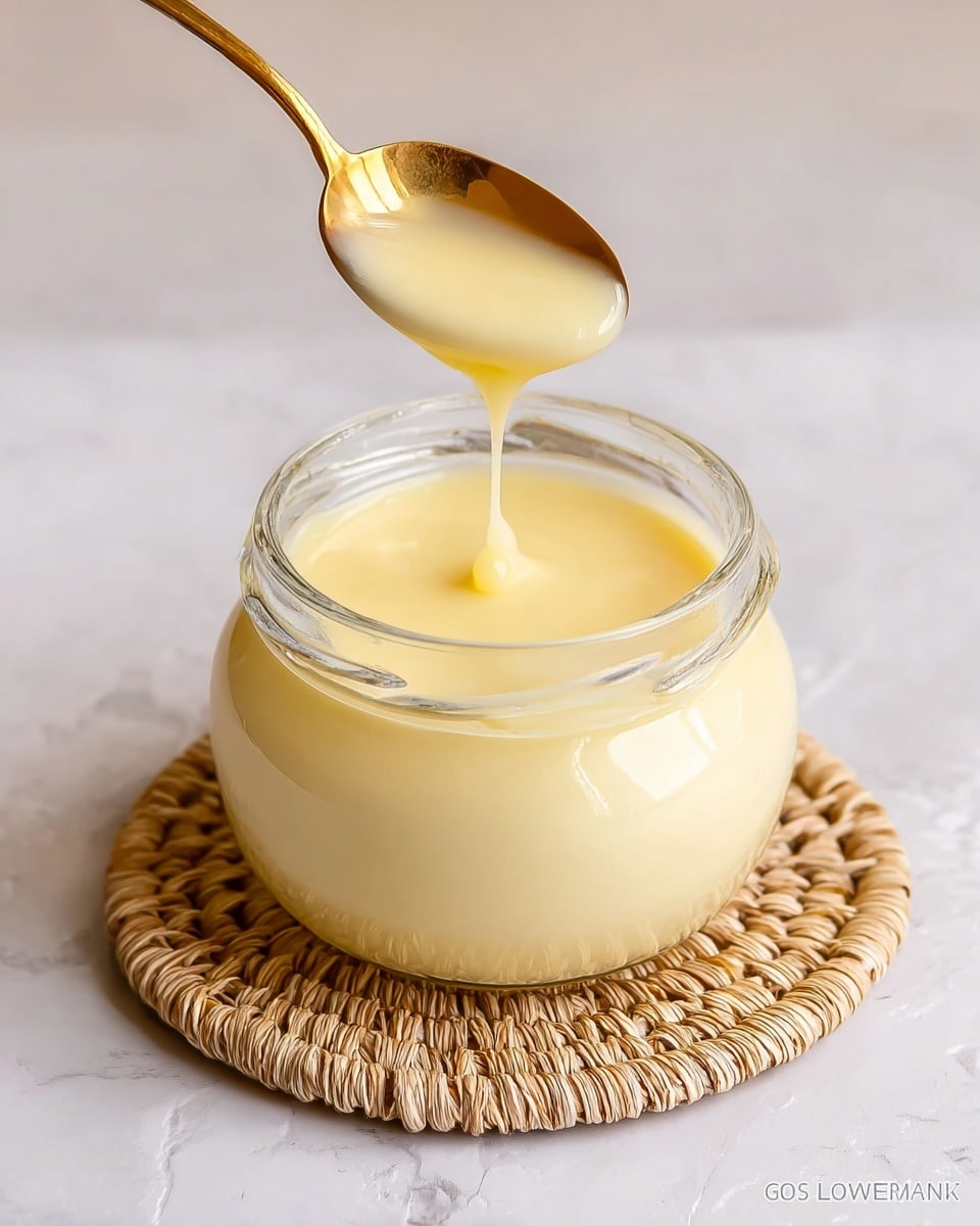 A clear glass jar filled with smooth, pale yellow cream sits in the center on a round woven coaster on a white marbled surface. Above the jar, a golden spoon holds a thick drop of the creamy substance, with a small drip falling back into the jar. The cream looks rich and glossy, and the scene is well lit showing its silky texture. photo taken with an iphone --ar 4:5 --v 7