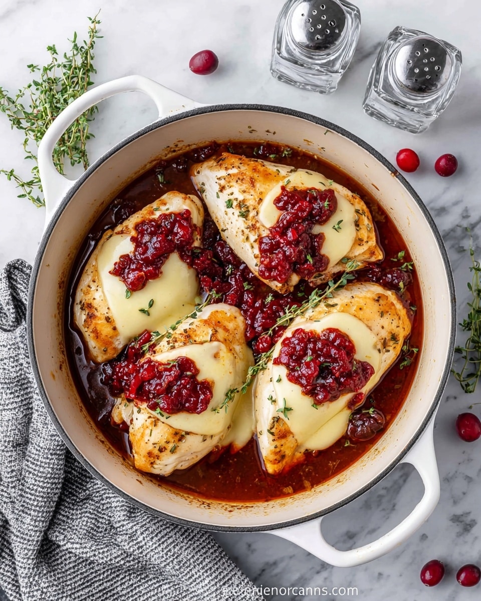 A white round pot with four cooked chicken breasts, each topped with a smooth layer of melted pale yellow cheese and a chunky bright red cranberry sauce on top. The chicken sits in a rich, dark red sauce that fills the bottom of the pot, with some whole cranberries scattered around the pot and table. The pot is on a white marbled surface, near two clear glass salt and pepper shakers and some small green leaves. A gray and white checked cloth is placed underneath one handle of the pot. photo taken with an iphone --ar 4:5 --v 7