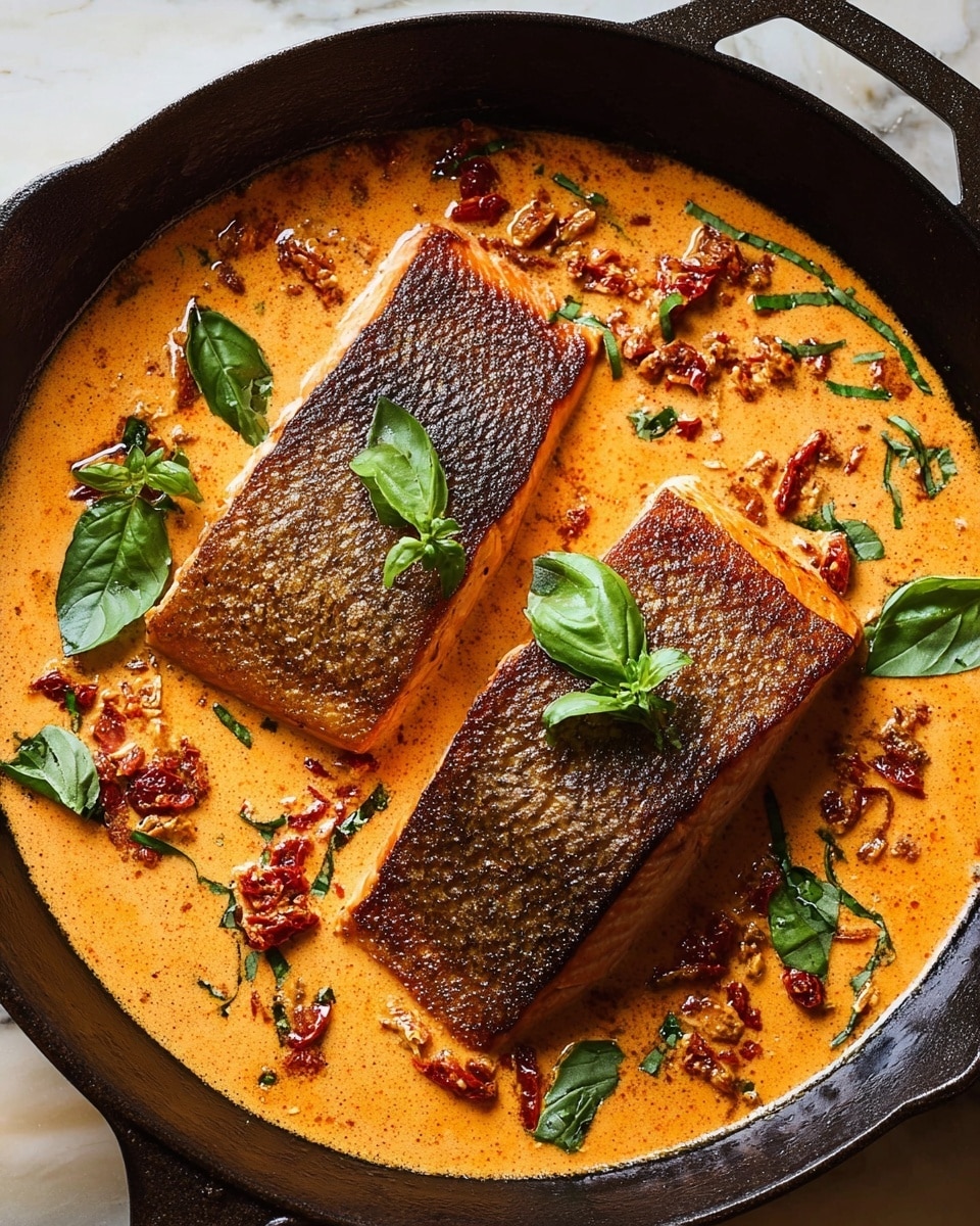 Two rectangular pieces of salmon with crispy brown skin lay in the center of a black cast iron pan filled with an orange creamy sauce mixed with small bits of ingredients and pieces of sun-dried tomatoes. Bright green basil leaves are scattered over the salmon and sauce, adding a fresh contrast. The pan is set against a white marbled texture surface. photo taken with an iphone --ar 4:5 --v 7